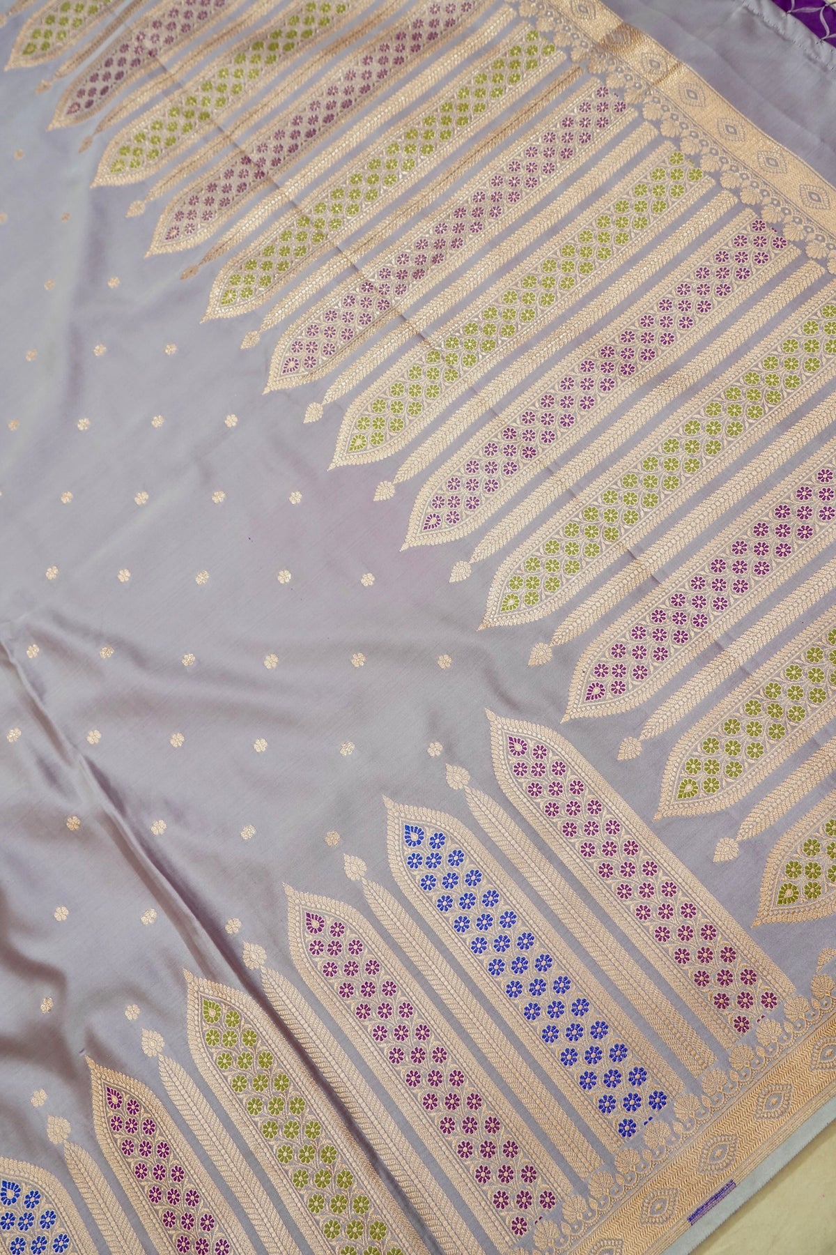 Saadgi - Lavender Grey Pure Katan Silk Saree with Multicolor Meenakari Border