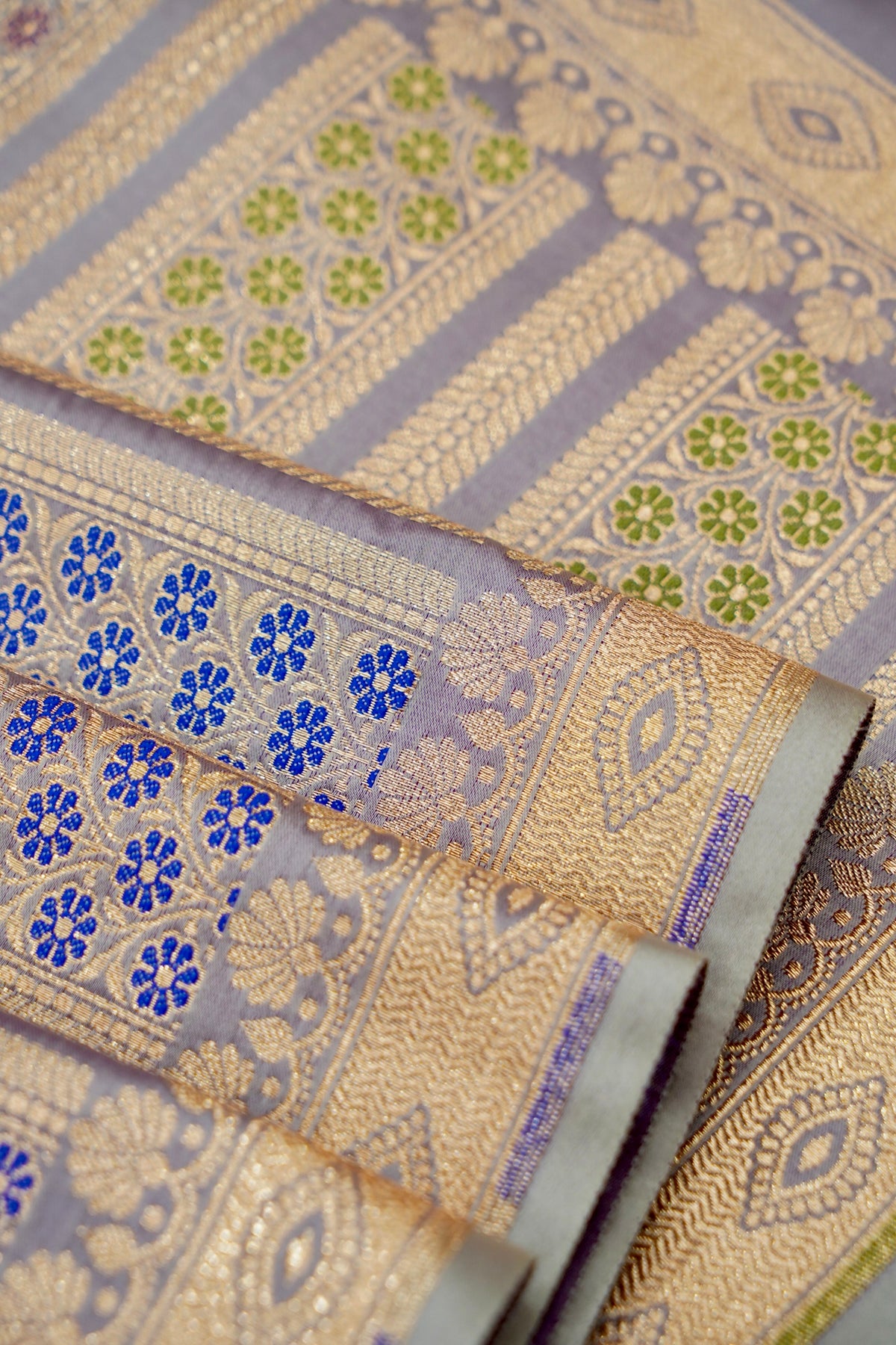Saadgi - Lavender Grey Pure Katan Silk Saree with Multicolor Meenakari Border