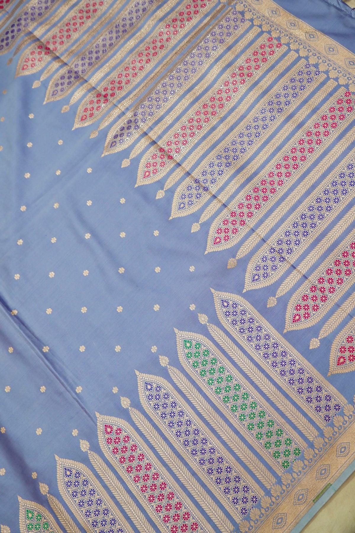 Saadgi - Periwinkle Blue Pure Katan Silk Saree with Multicolor Meenakari Border