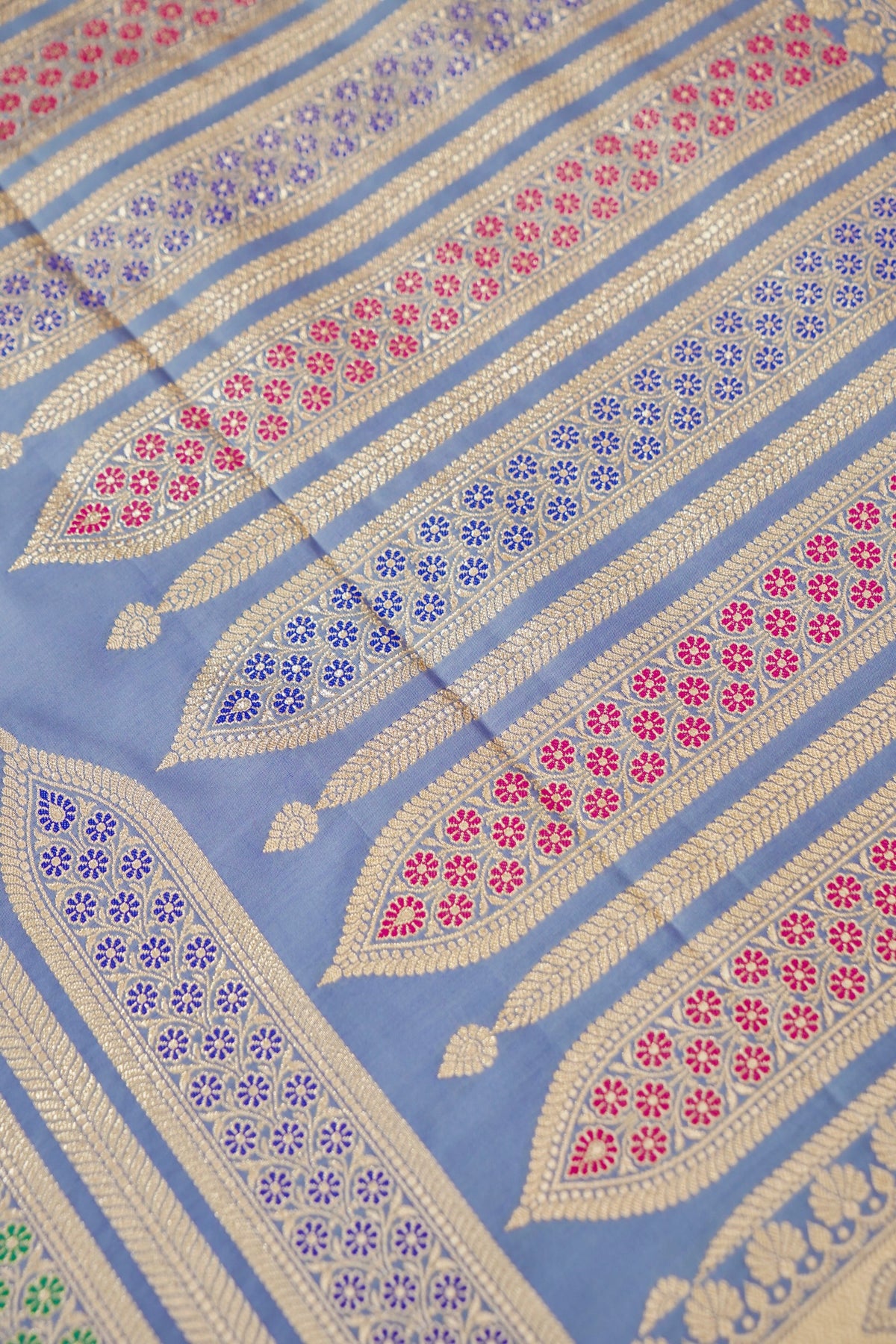 Saadgi - Periwinkle Blue Pure Katan Silk Saree with Multicolor Meenakari Border