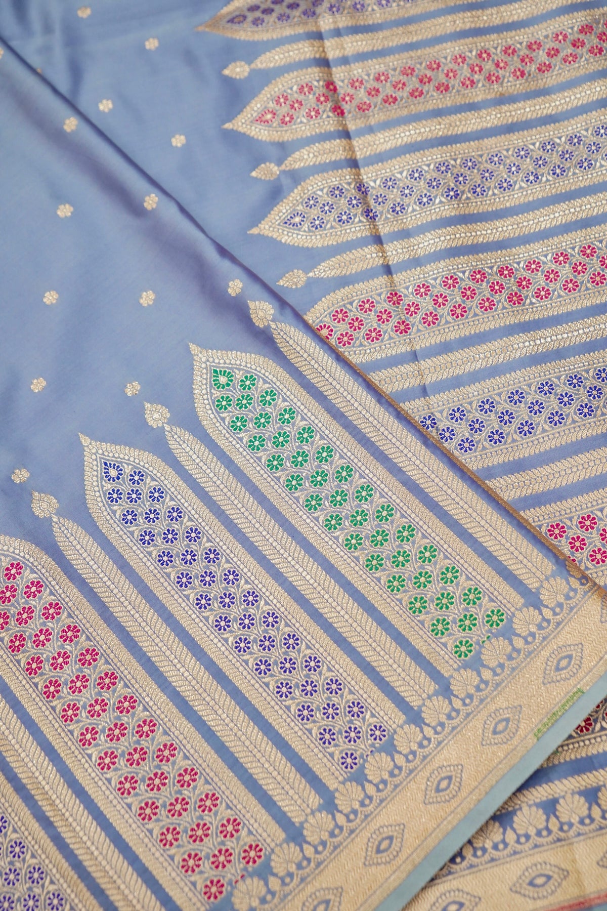 Saadgi - Periwinkle Blue Pure Katan Silk Saree with Multicolor Meenakari Border