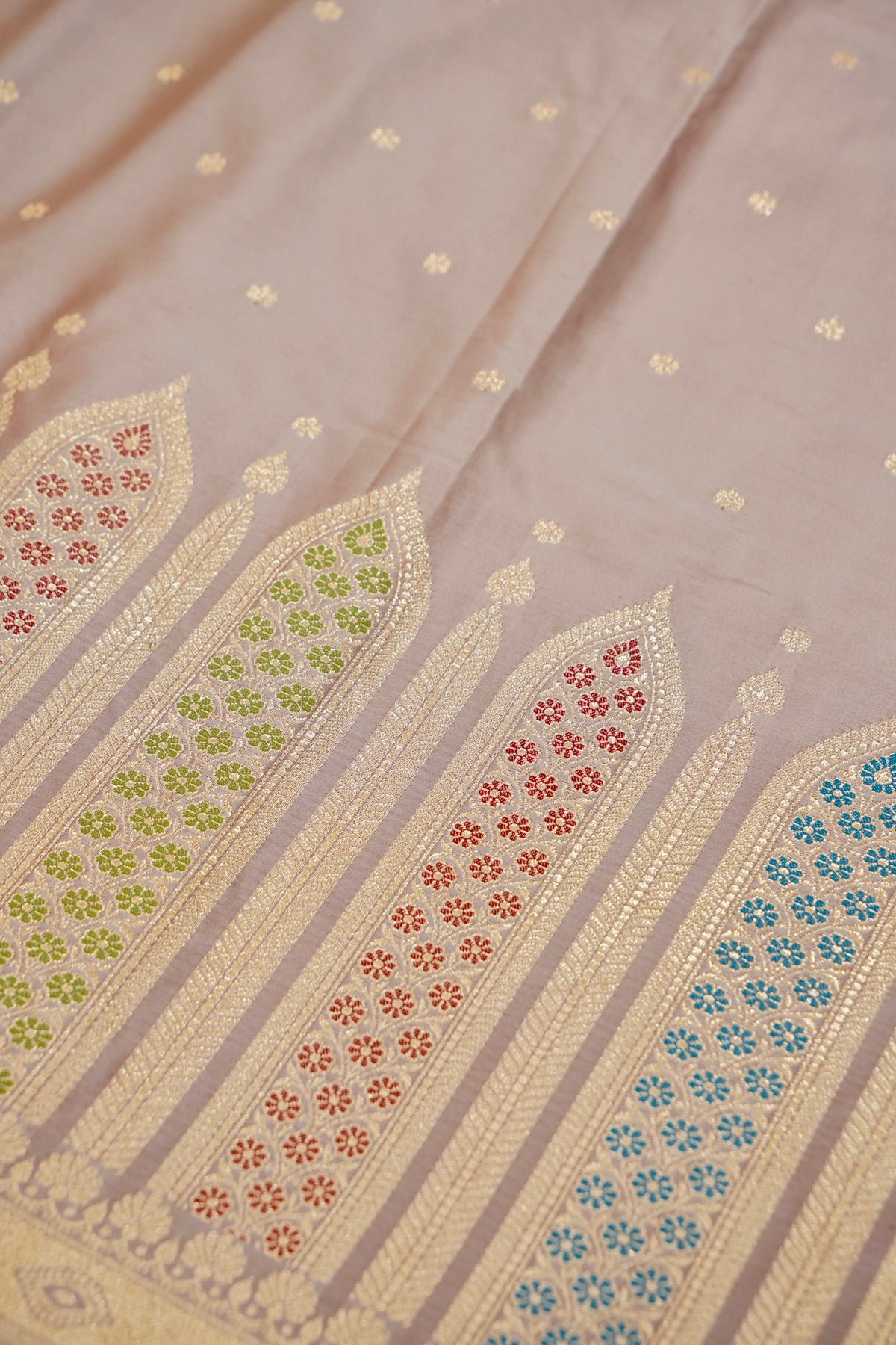 Saadgi - Rose Taupe Pure Katan Silk Saree with Multicolor Meenakari Border