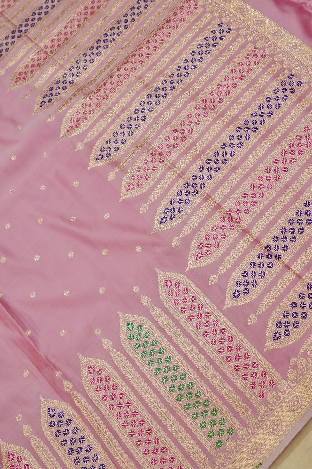 Saadgi - Blush Pink Pure Katan Silk Saree with Multicolor Meenakari Border