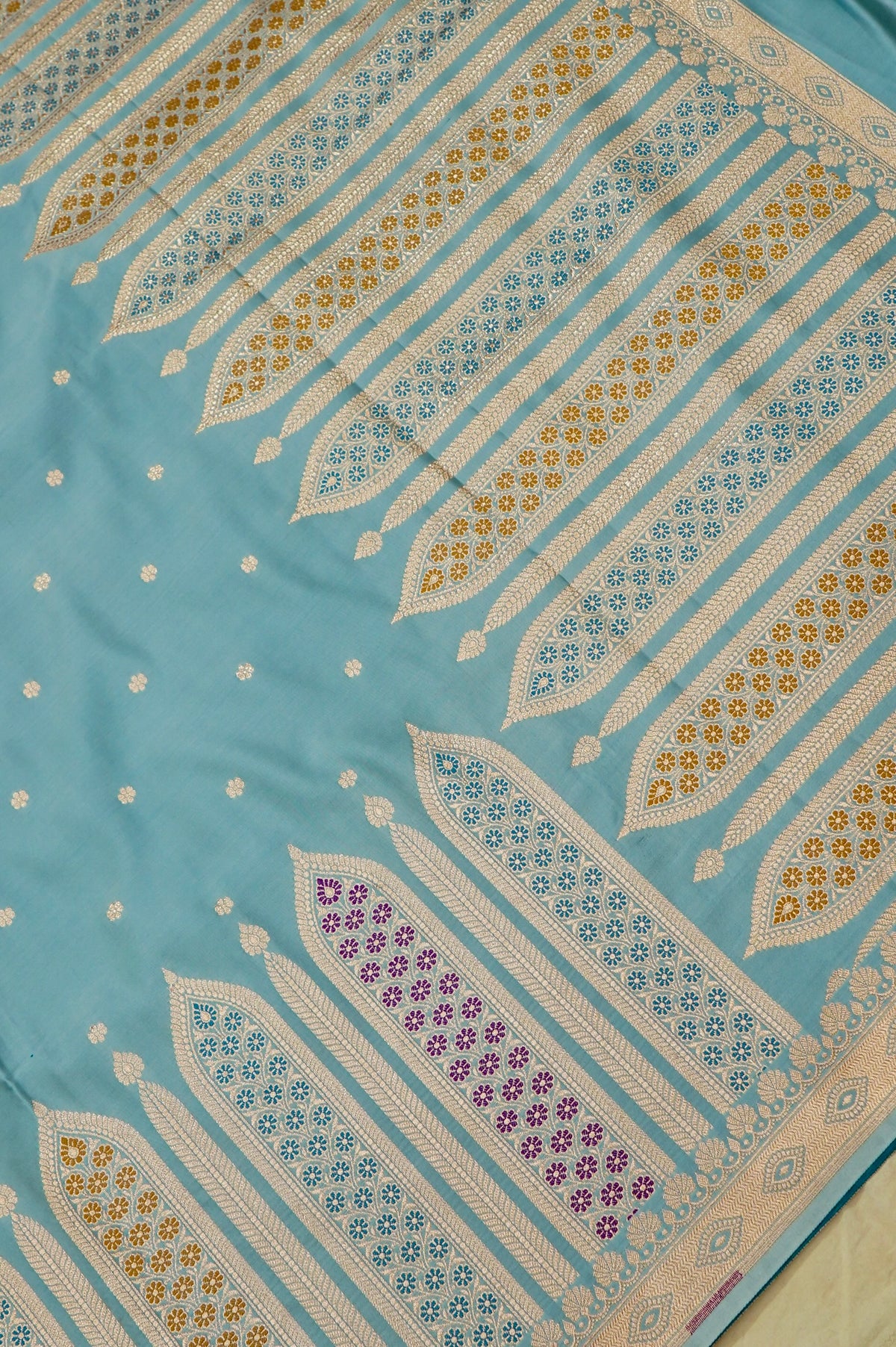 Saadgi - Powder Blue Pure Katan Silk Saree with Multicolor Meenakari Border