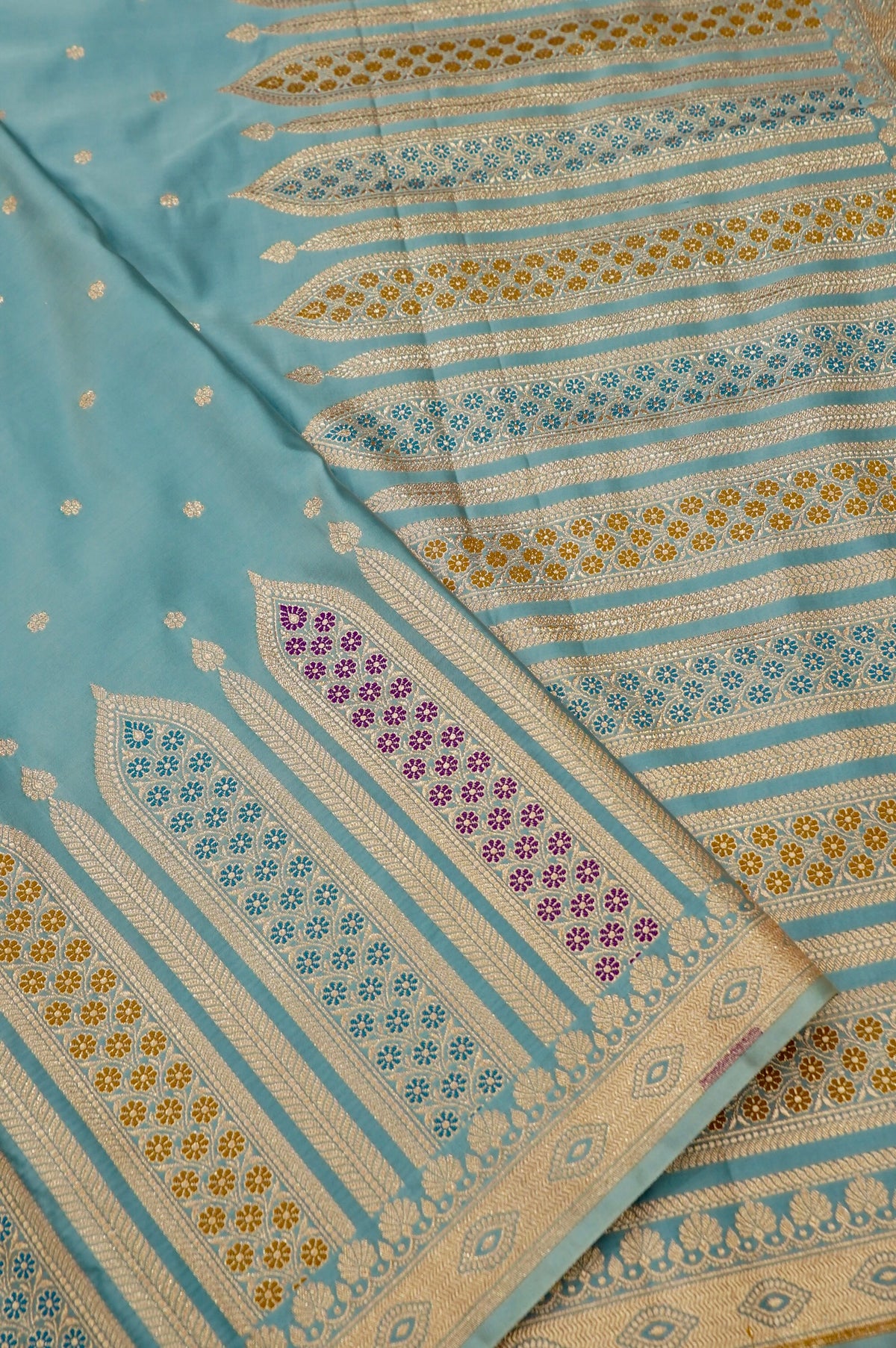 Saadgi - Powder Blue Pure Katan Silk Saree with Multicolor Meenakari Border
