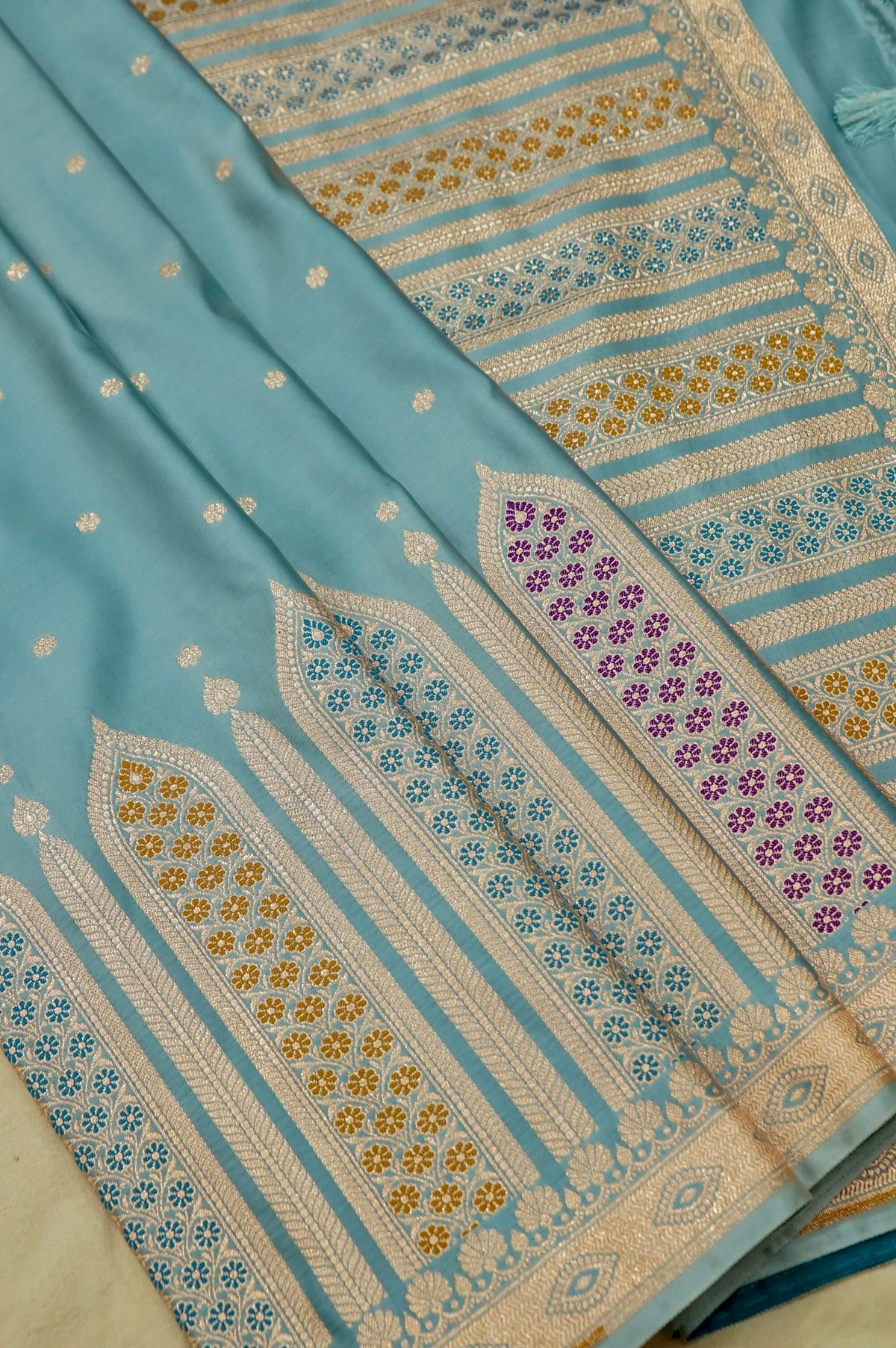 Saadgi - Powder Blue Pure Katan Silk Saree with Multicolor Meenakari Border
