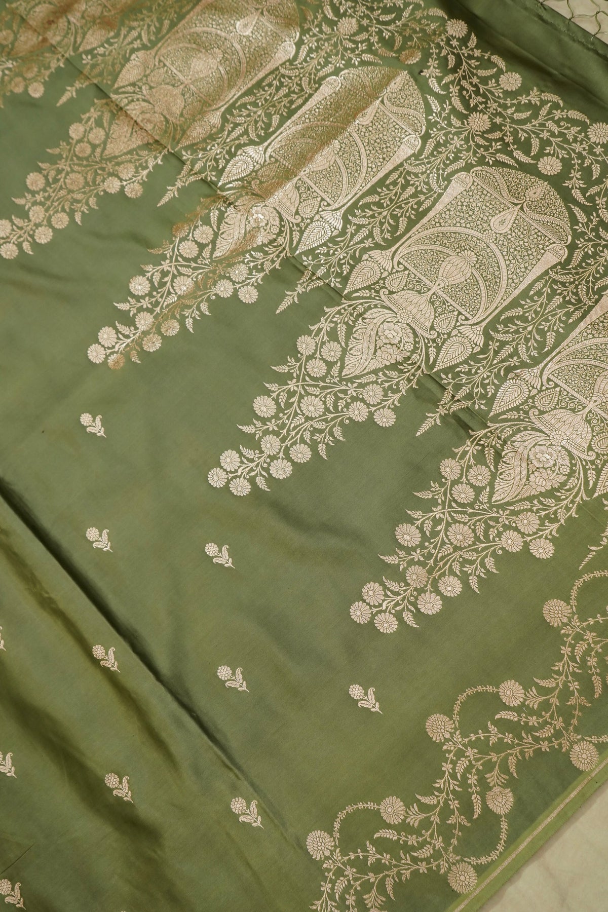 Shruti - Olive Green Pure Katan Silk Saree