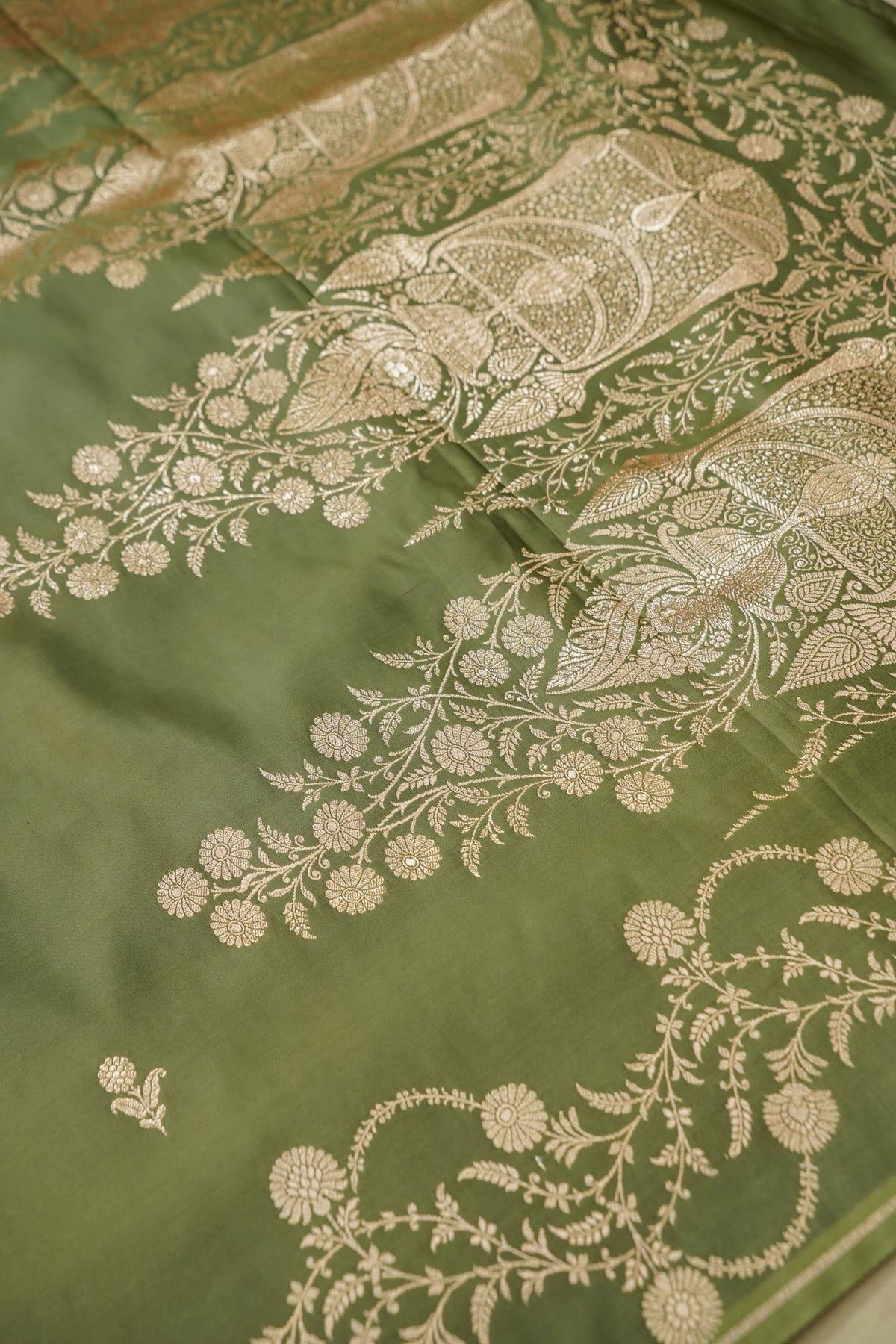 Shruti - Olive Green Pure Katan Silk Saree