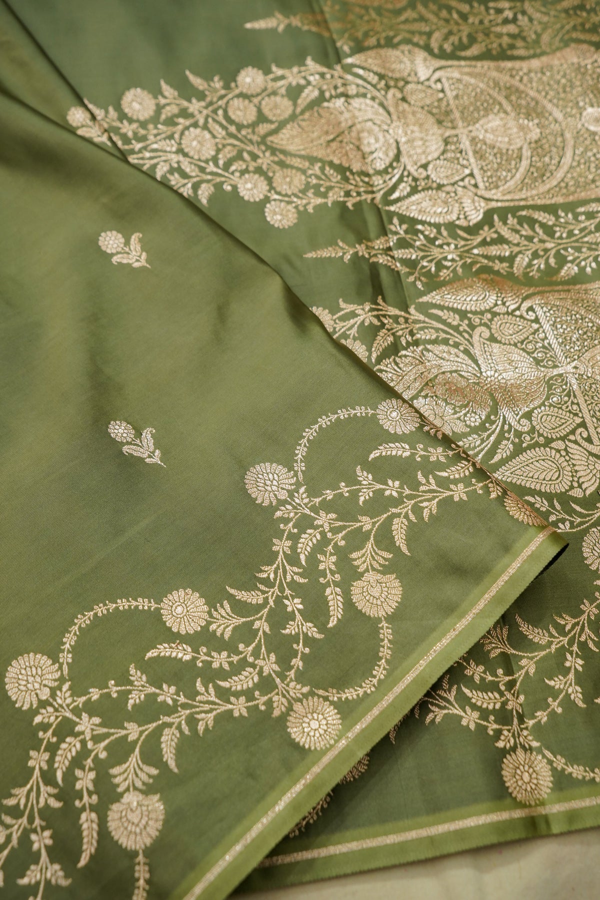 Shruti - Olive Green Pure Katan Silk Saree