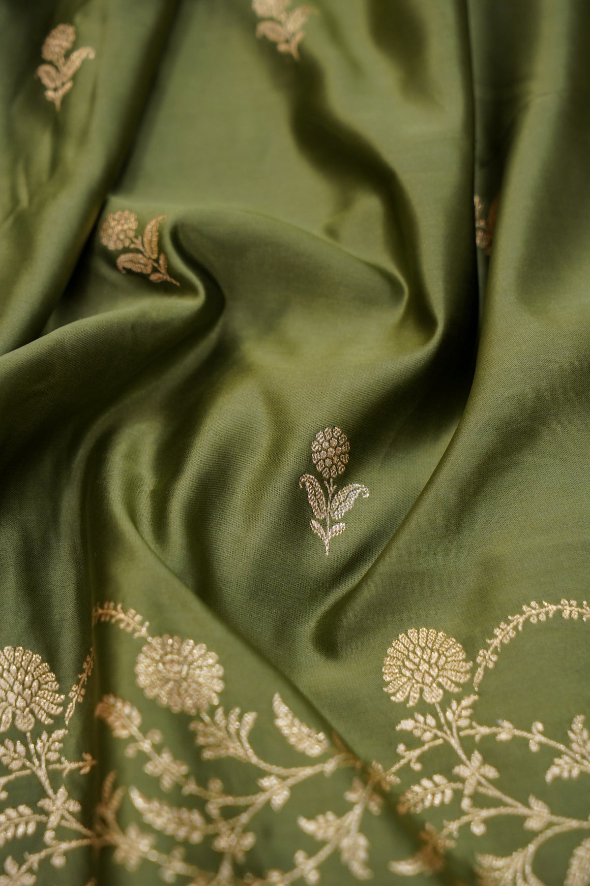 Shruti - Olive Green Pure Katan Silk Saree