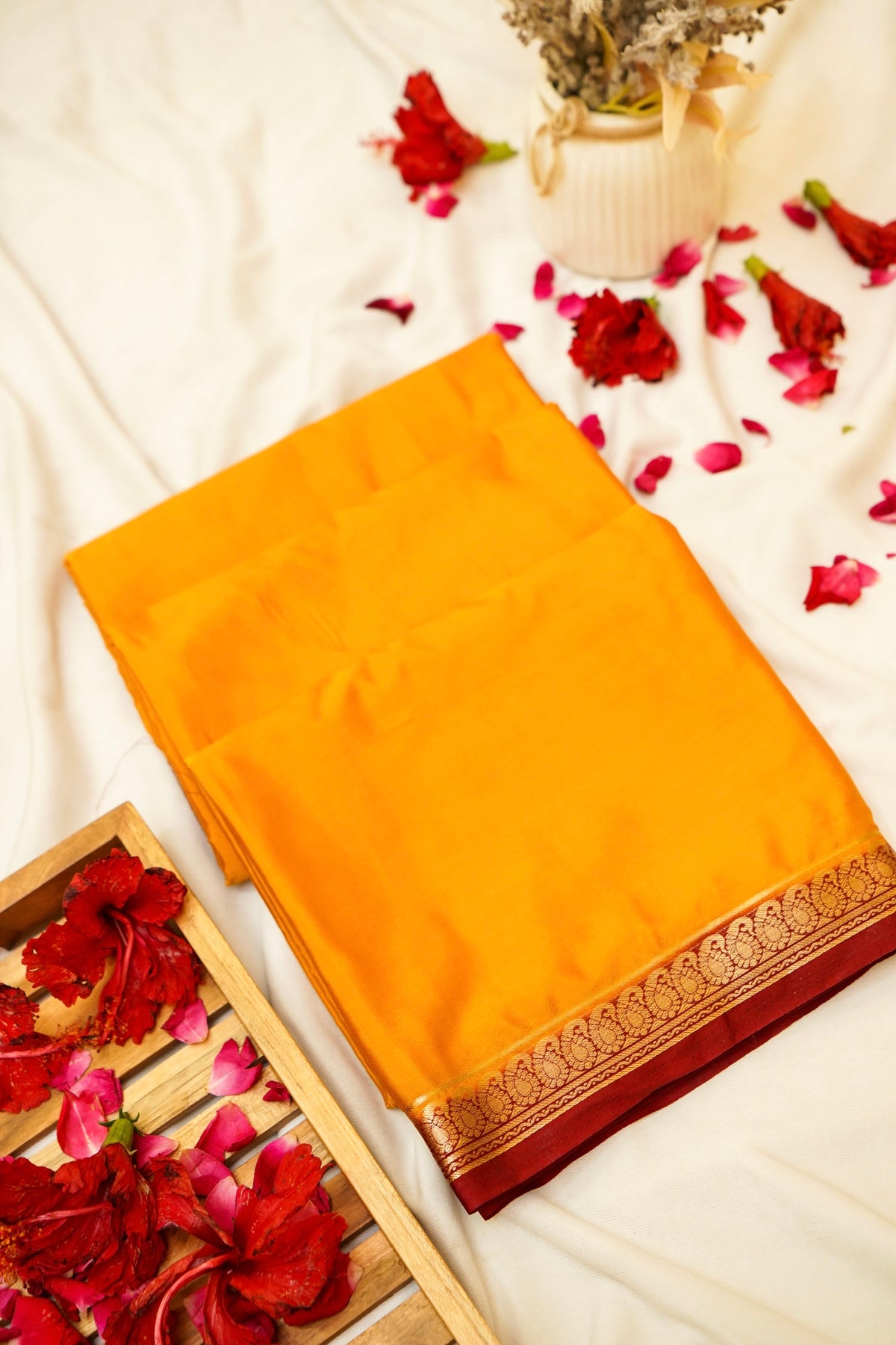 Maithili - Mustard Yellow Mysore Crepe Silk Saree with Maroon Border