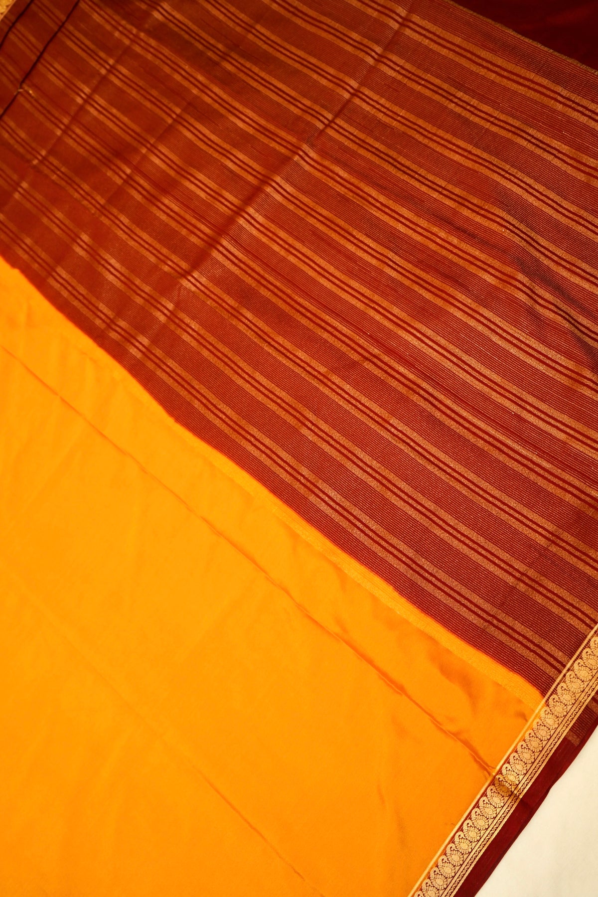 Maithili - Mustard Yellow Mysore Crepe Silk Saree with Maroon Border