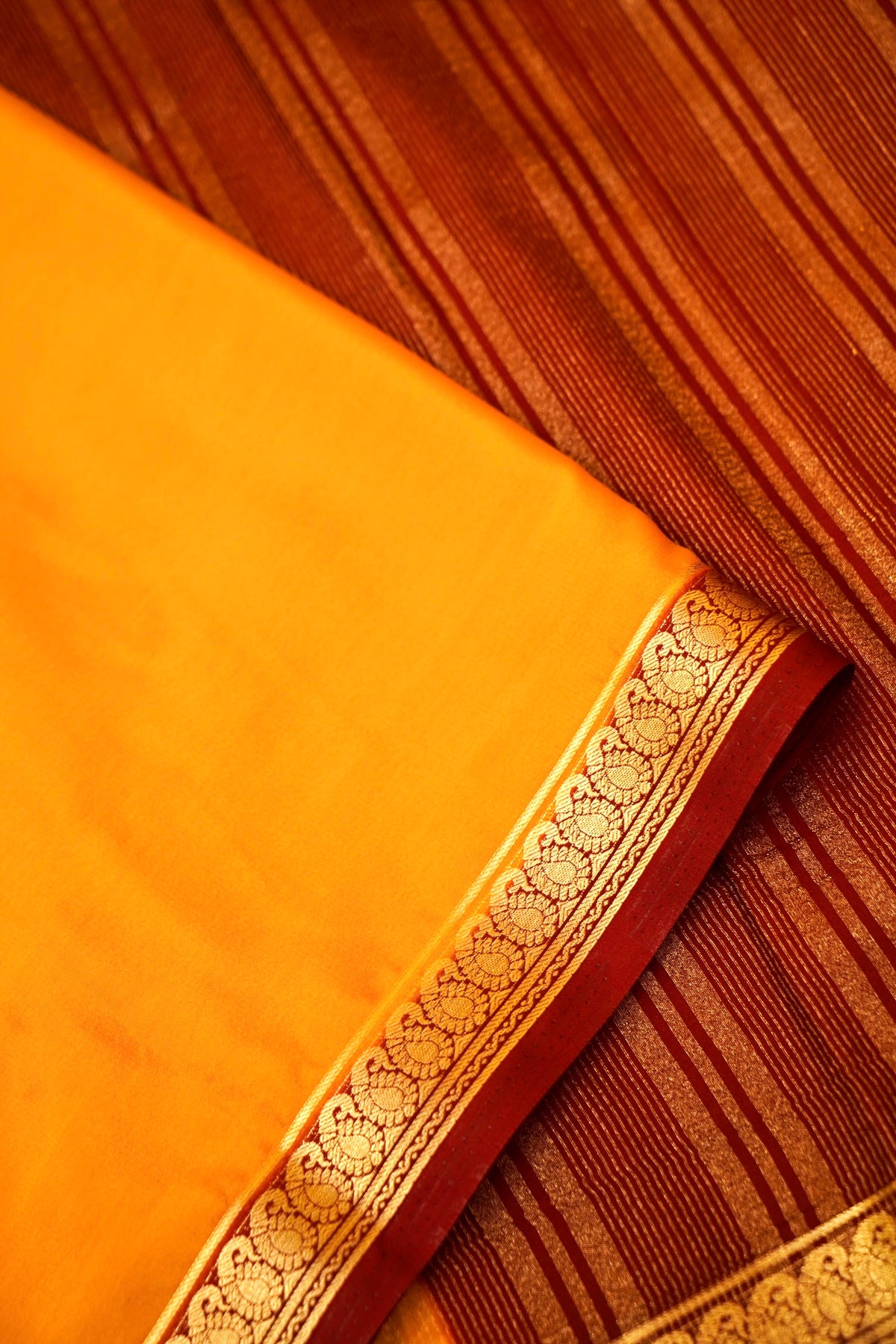 Maithili - Mustard Yellow Mysore Crepe Silk Saree with Maroon Border