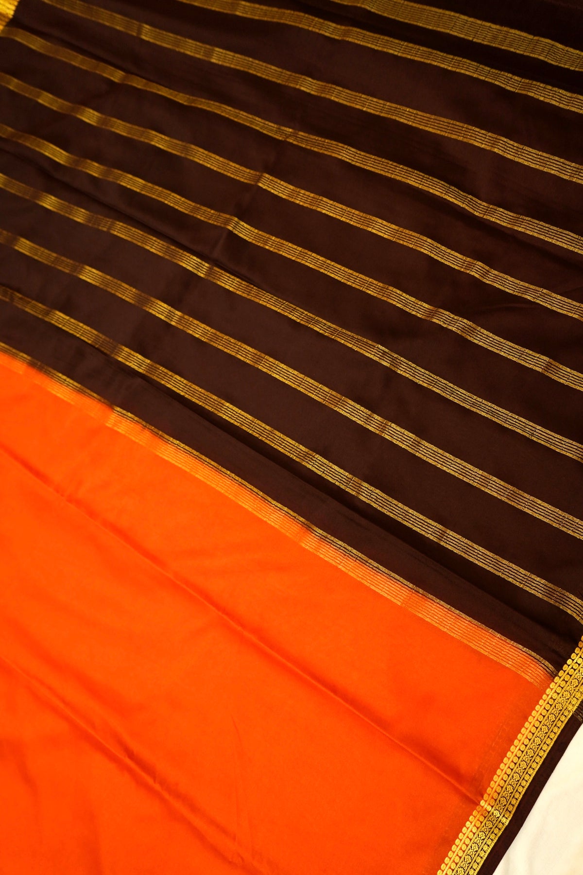 Maithili - Orange Mysore Crepe Silk Saree with Dark Brown Border