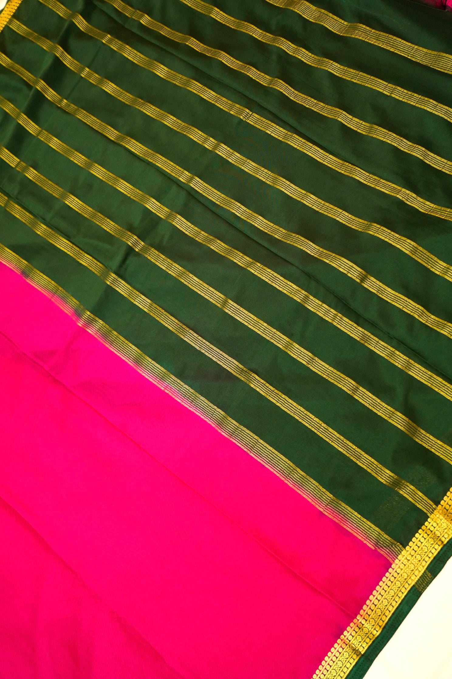 Maithili - Vibrant Pink Mysore Crepe Silk Saree with Green Border