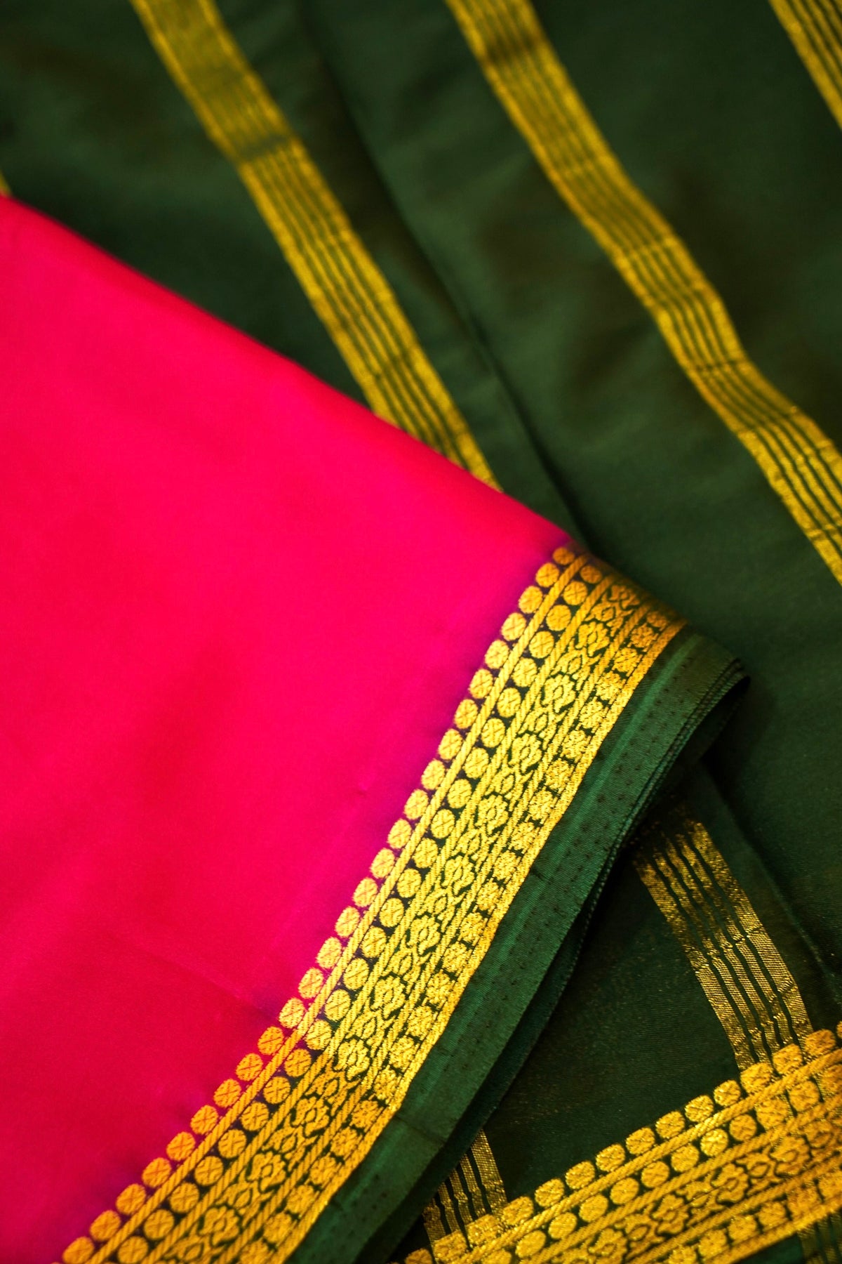 Maithili - Vibrant Pink Mysore Crepe Silk Saree with Green Border