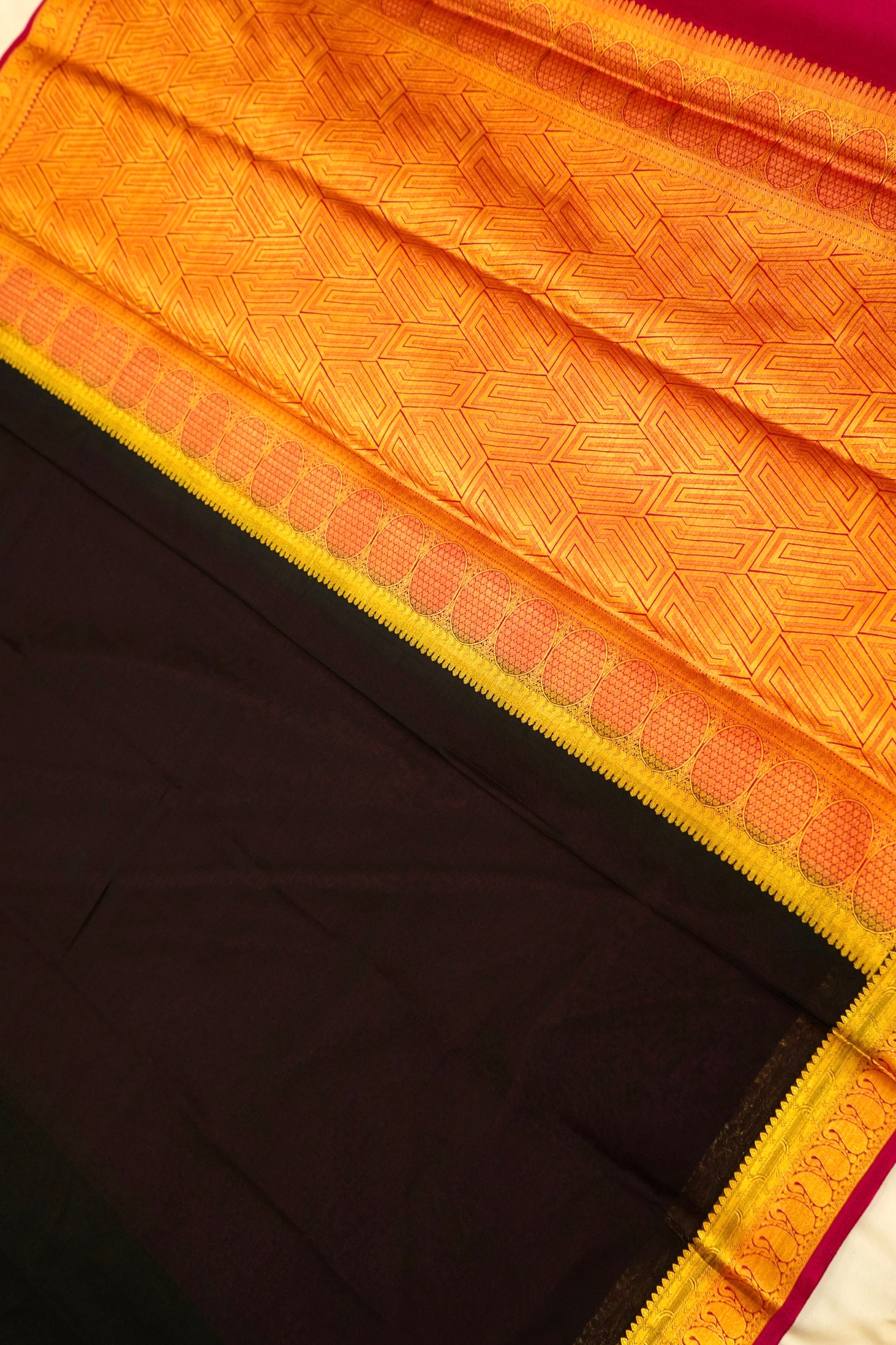 Maithili - Black Mysore Crepe Silk Saree with Magenta Border