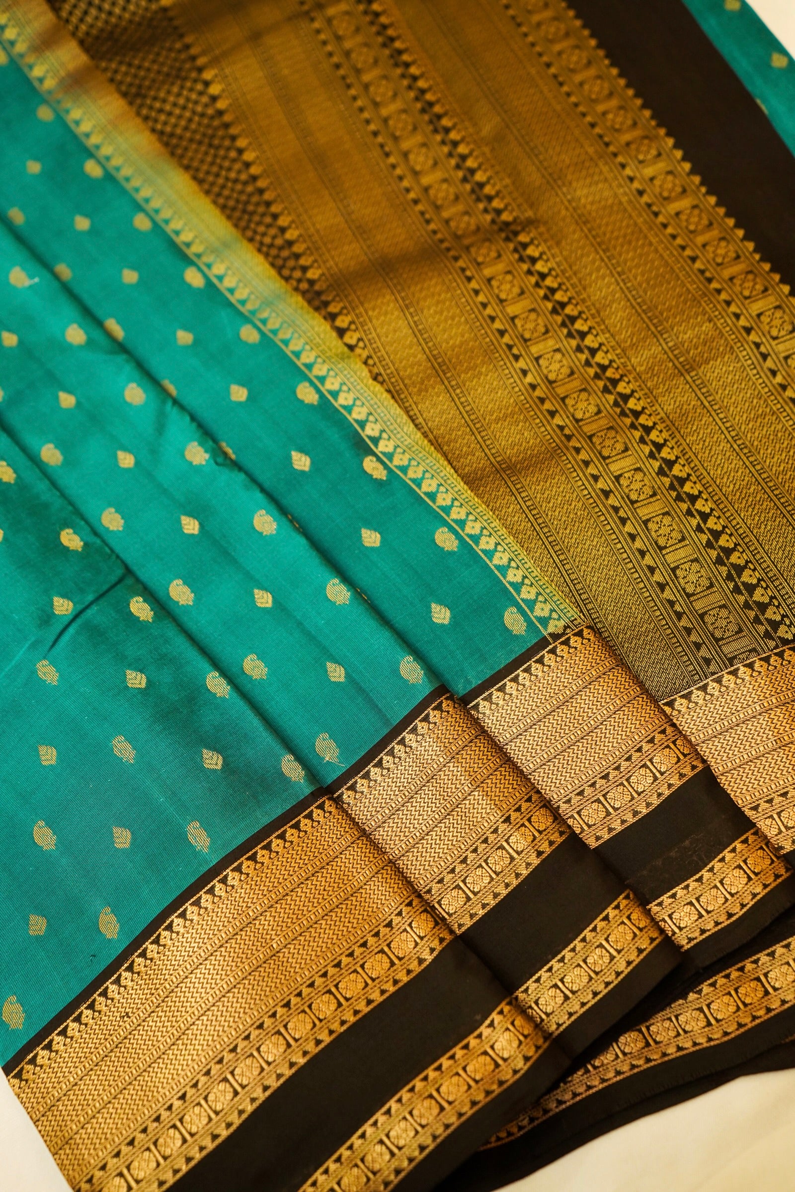 Maithili - Sea Green Pure Kanjipuram Silk Saree with Brown Border