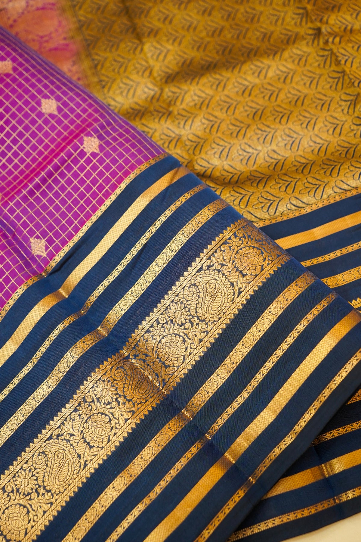 Maithili - Magenta Pure Kanjipuram Silk Saree with Navy Blue Border