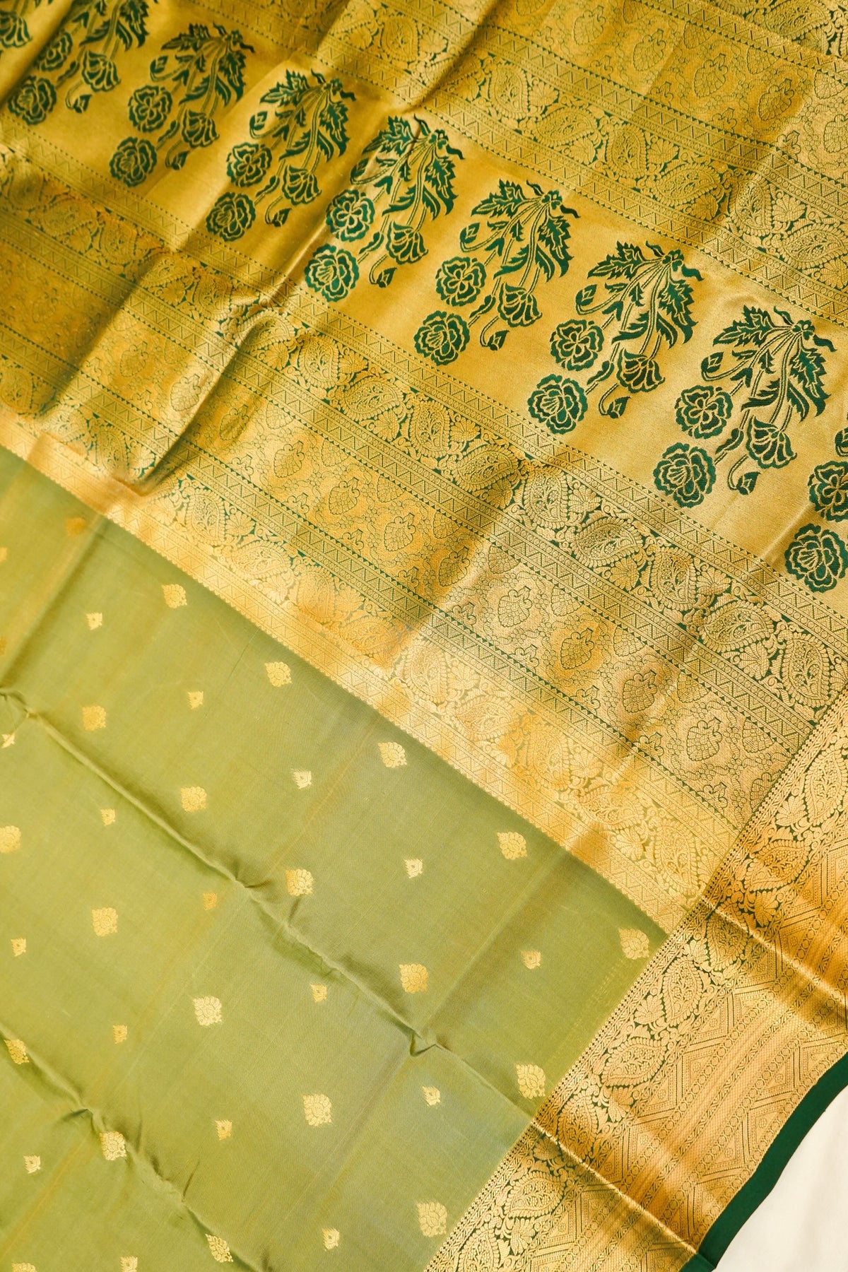 Maithili - Olive Green Pure Kanjipuram Silk Saree with Emerald Border