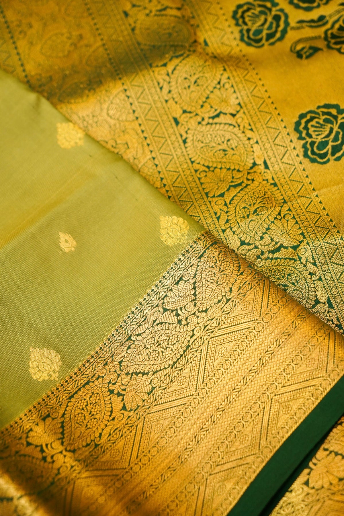 Maithili - Olive Green Pure Kanjipuram Silk Saree with Emerald Border