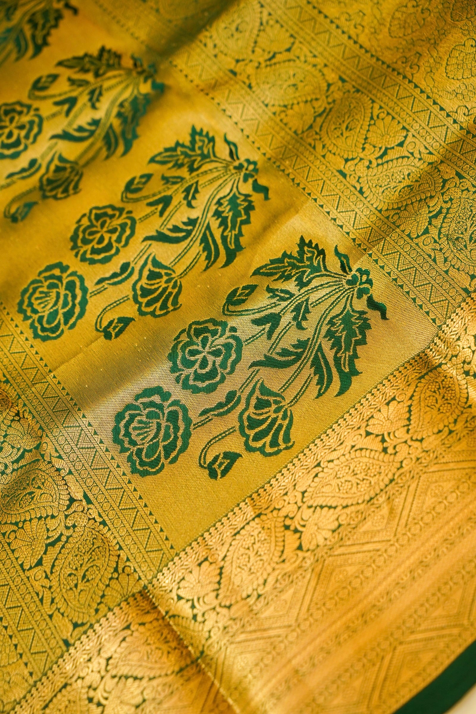 Maithili - Olive Green Pure Kanjipuram Silk Saree with Emerald Border