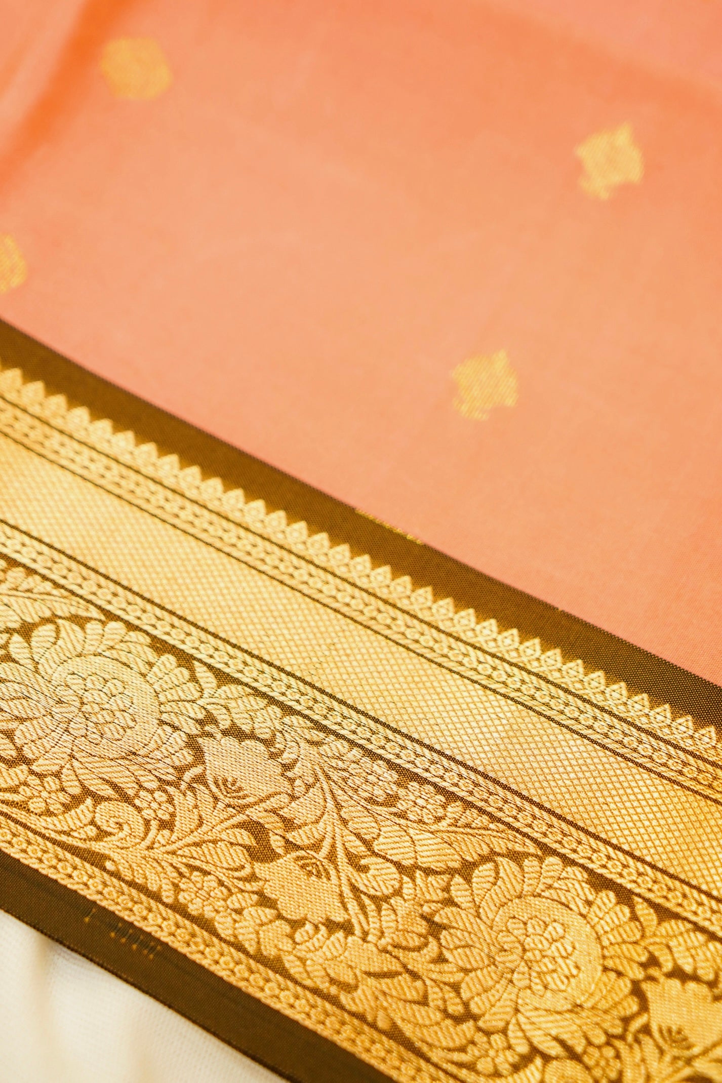 Maithili - Peach Pure Kanjipuram Silk Saree with Dark Brown Border