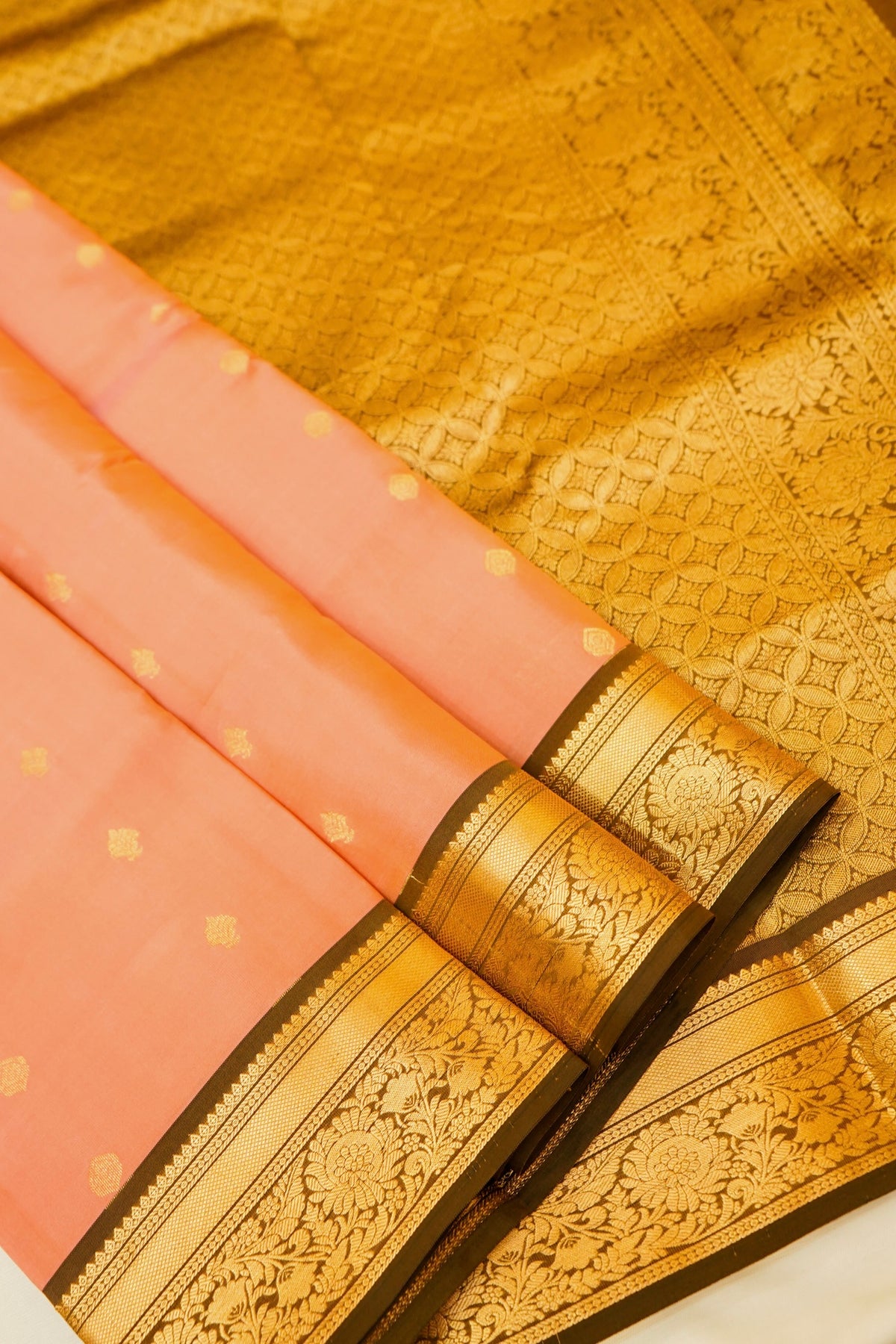 Maithili - Peach Pure Kanjipuram Silk Saree with Dark Brown Border
