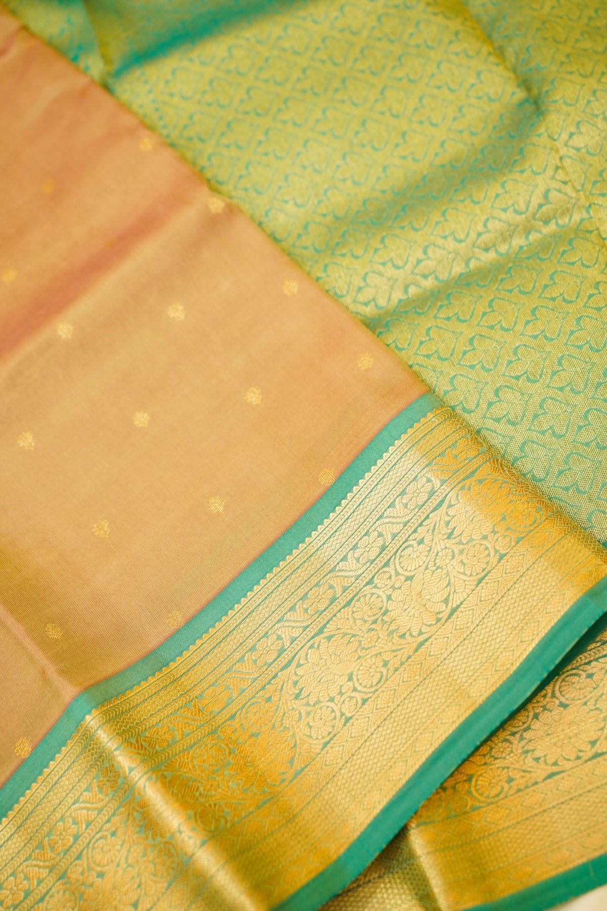 Maithili - Beige Pure Kanjipuram Silk Saree with Teal Green Border