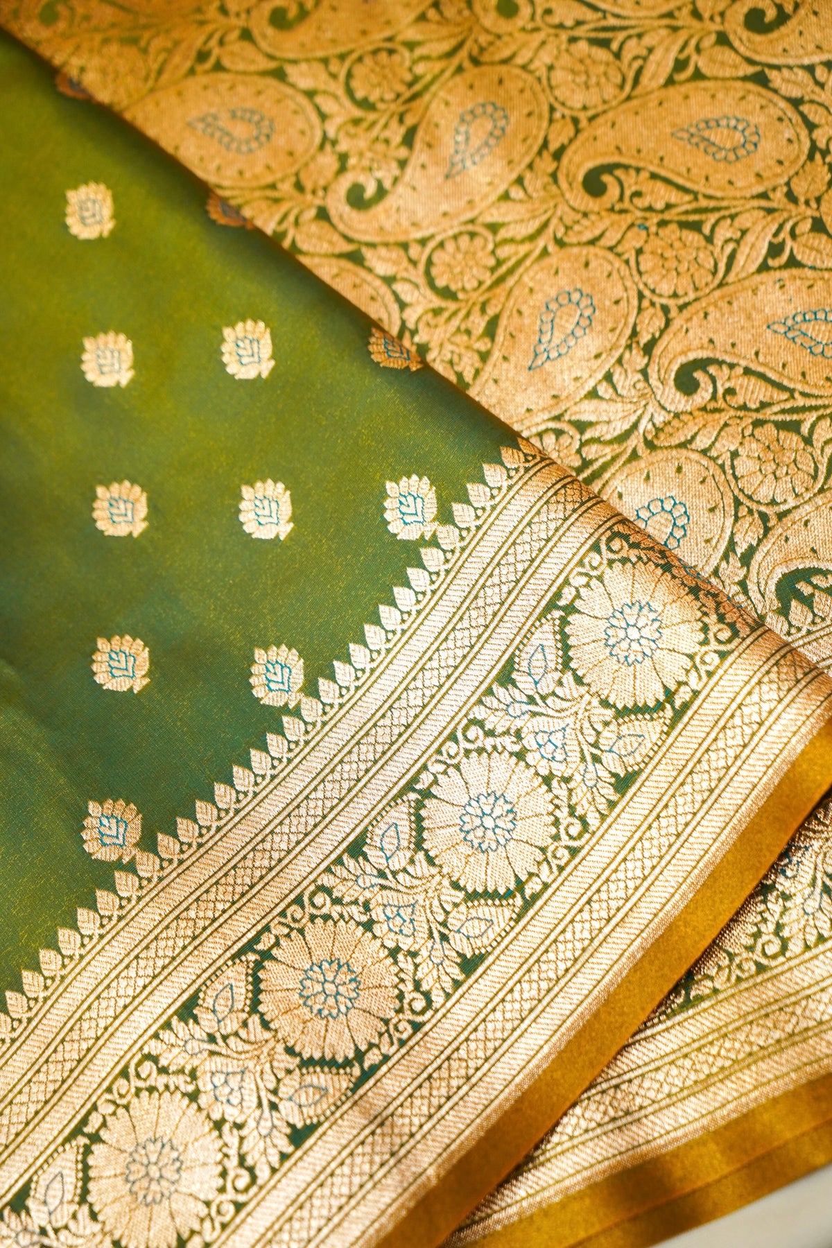 Royal Parrot Green Banarasi Silk Saree with Golden Zari Weave