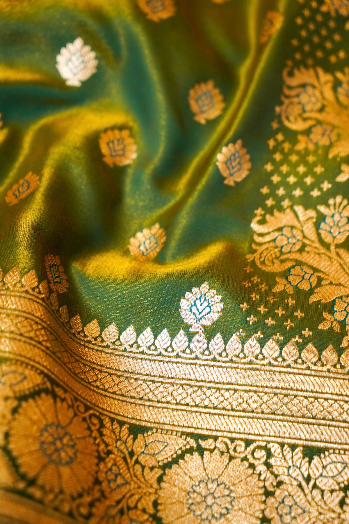 Royal Parrot Green Banarasi Silk Saree with Golden Zari Weave