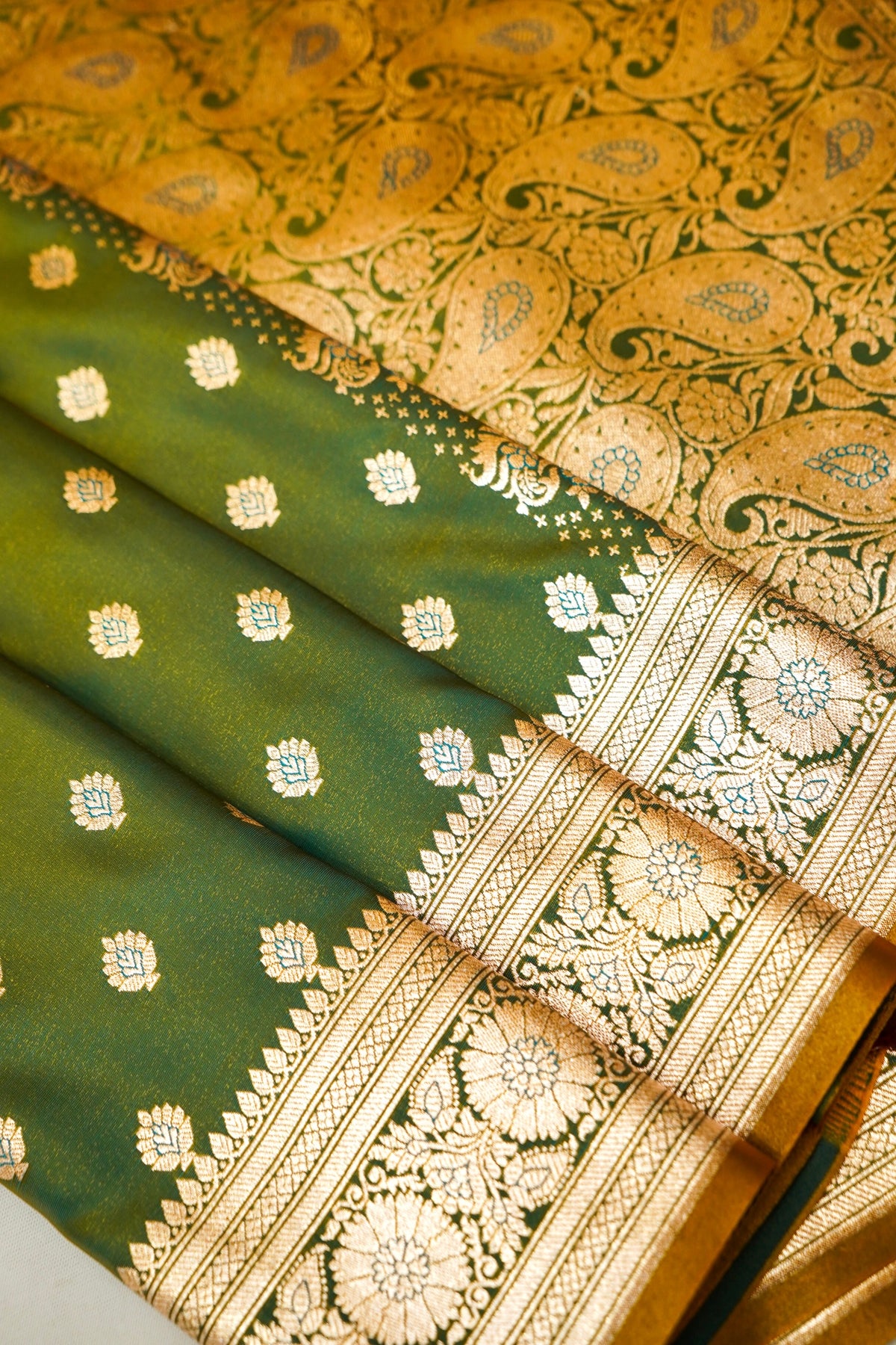Royal Parrot Green Banarasi Silk Saree with Golden Zari Weave