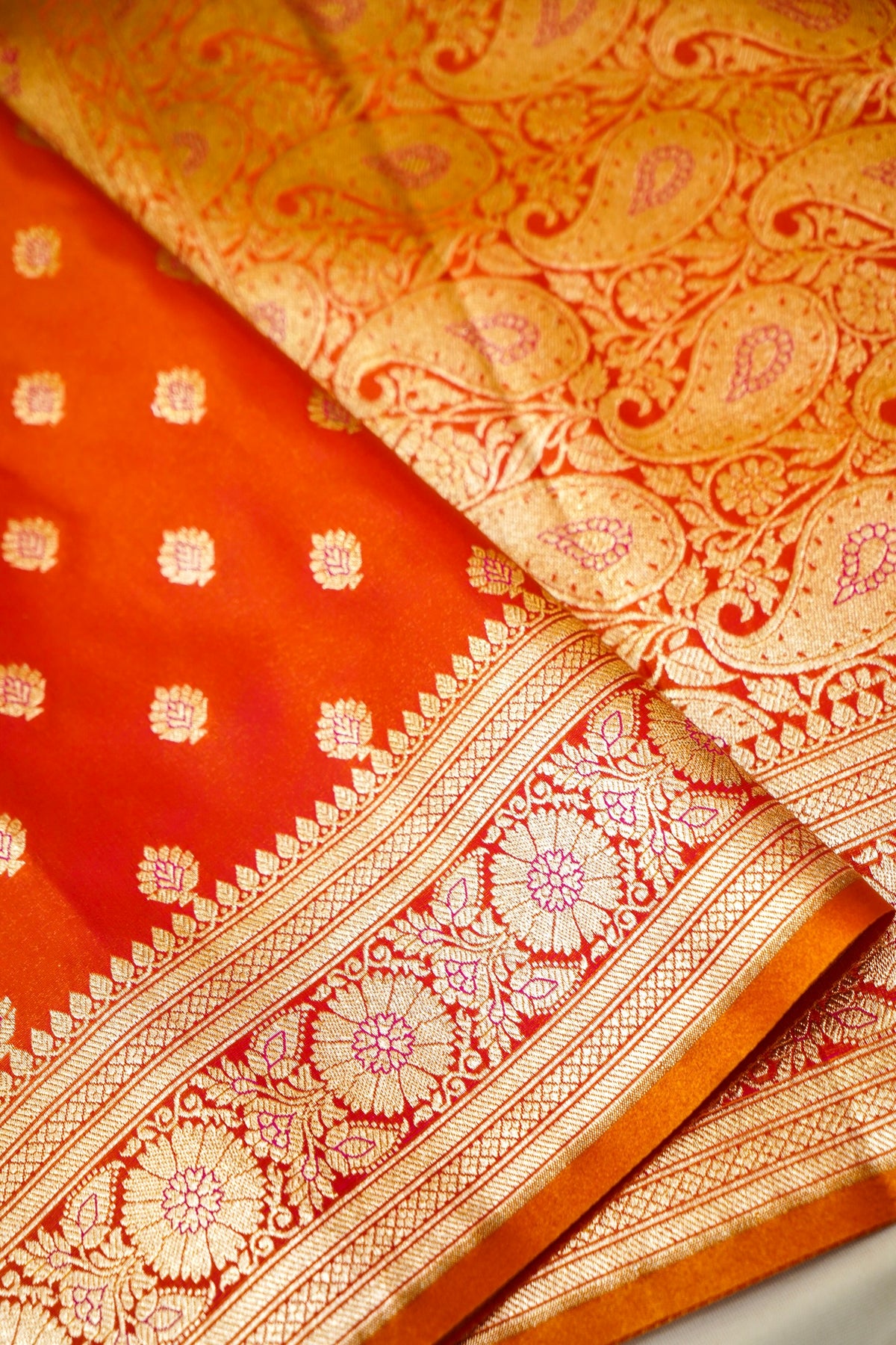 Royal Orange Banarasi Silk Saree with Golden Zari Weave