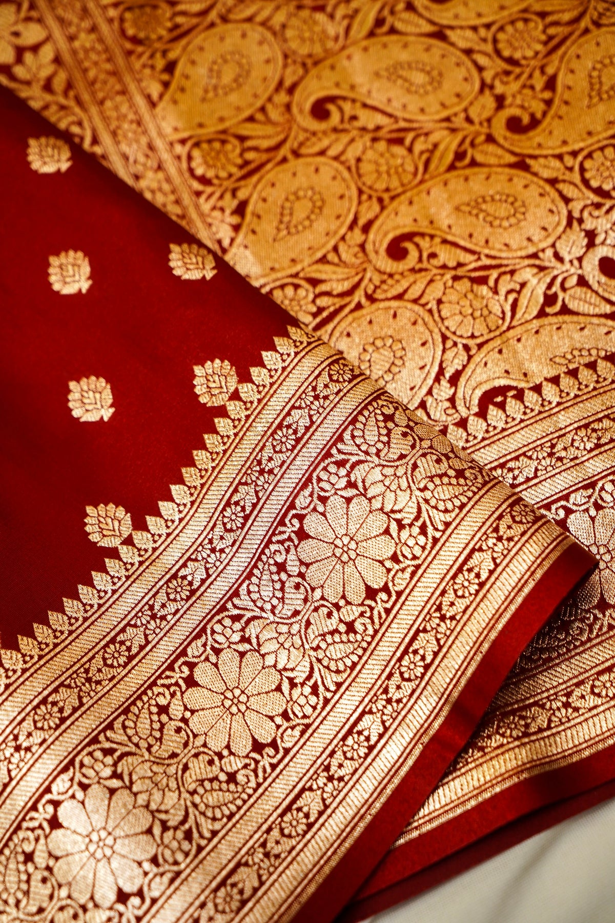 Royal Maroon Red Banarasi Silk Saree with Golden Zari Weave