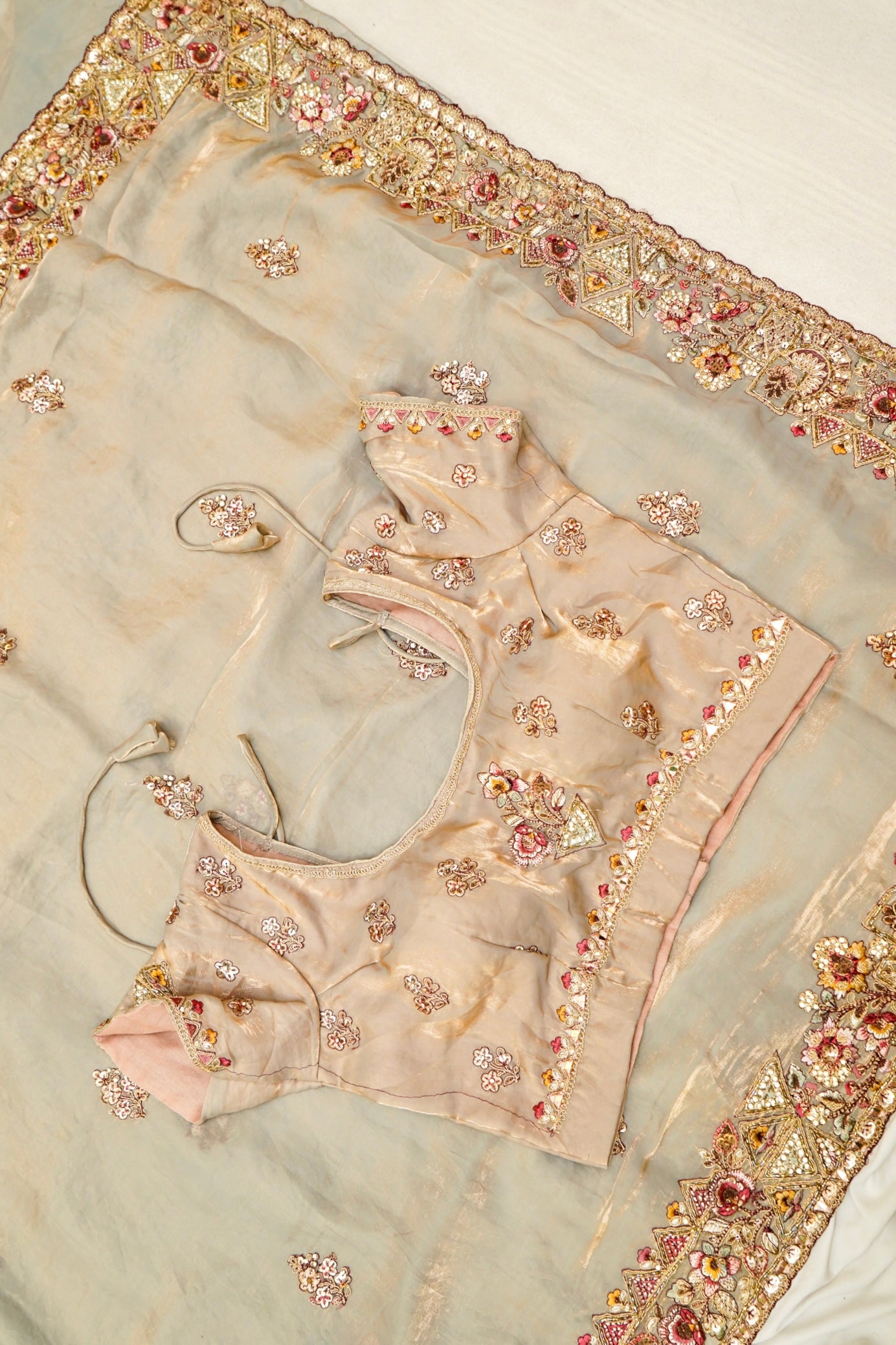 Dusty Sage Grey Heavy Embroidered Designer Tissue Saree with Stitched Blouse