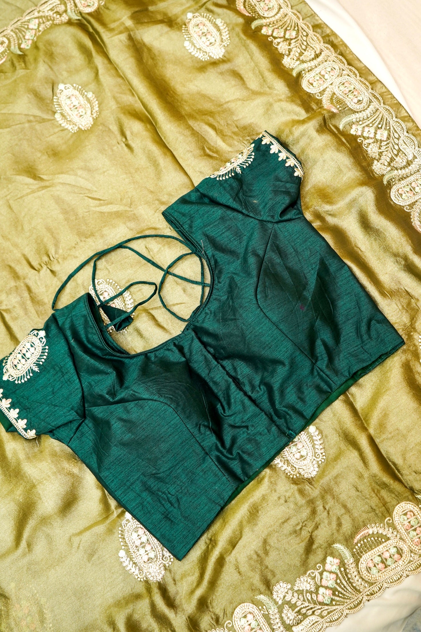 Olive Green Heavy Embroidered Work Designer Tissue Saree with Readymade Blouse