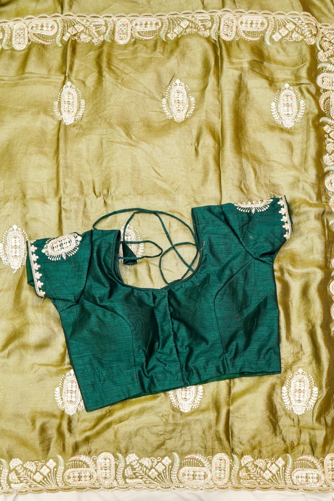 Olive Green Heavy Embroidered Work Designer Tissue Saree with Readymade Blouse