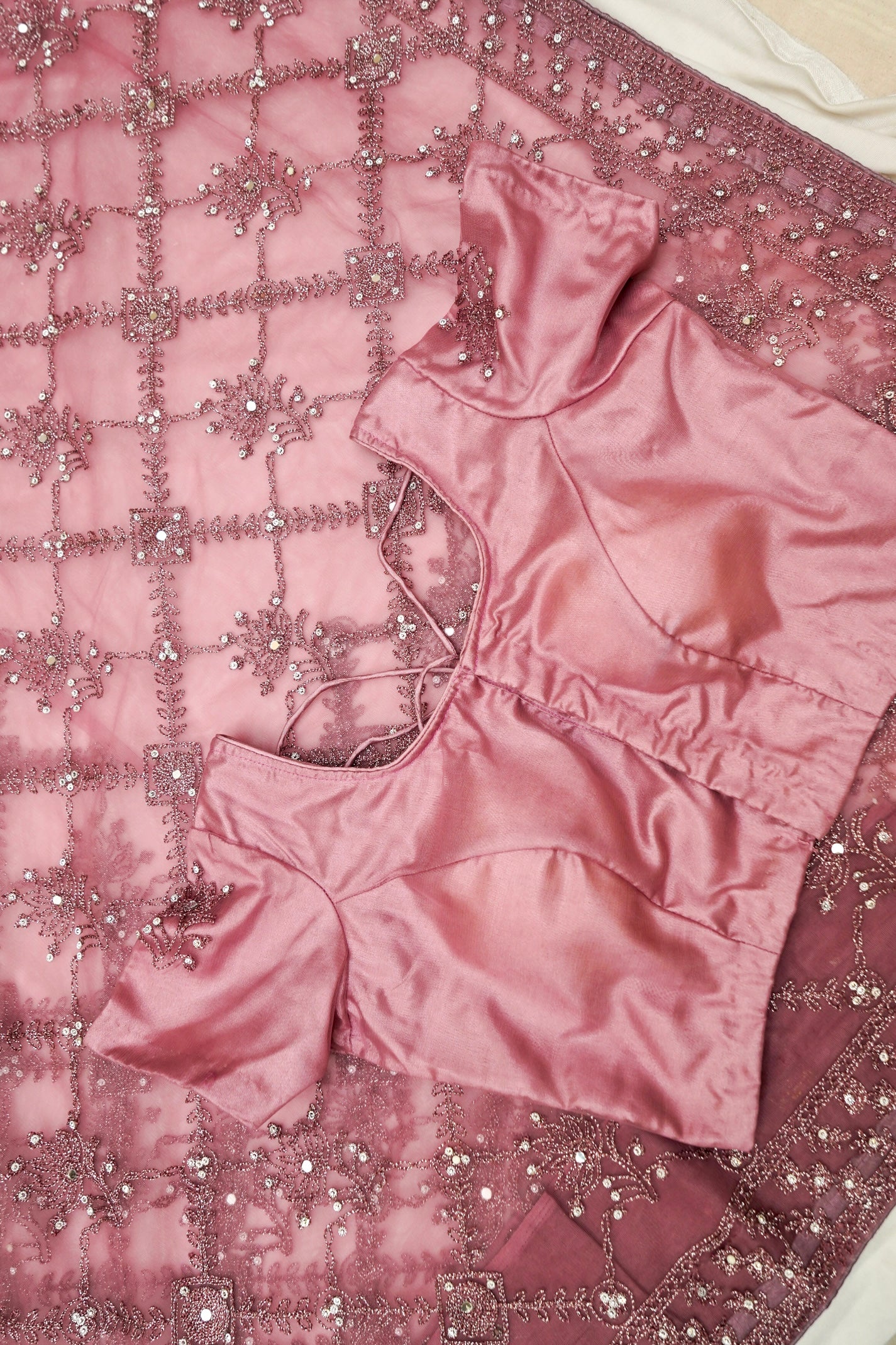 Vintage Mauve Geometric Floral Embroidered Designer Net Saree with Readymade Blouse