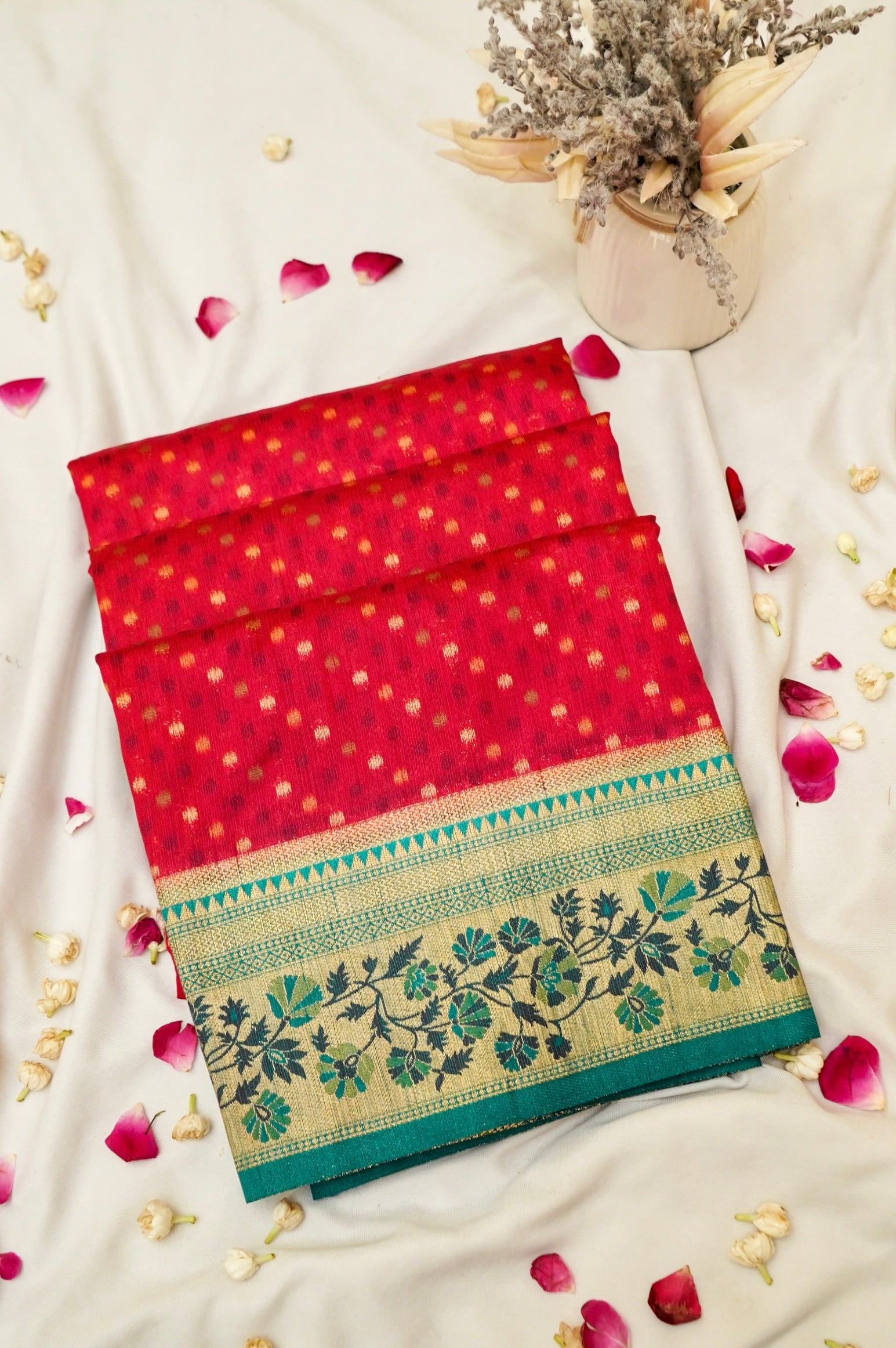 Raddish Red Paithani Style Ikkat Patola Silk Saree with Stitched Blouse