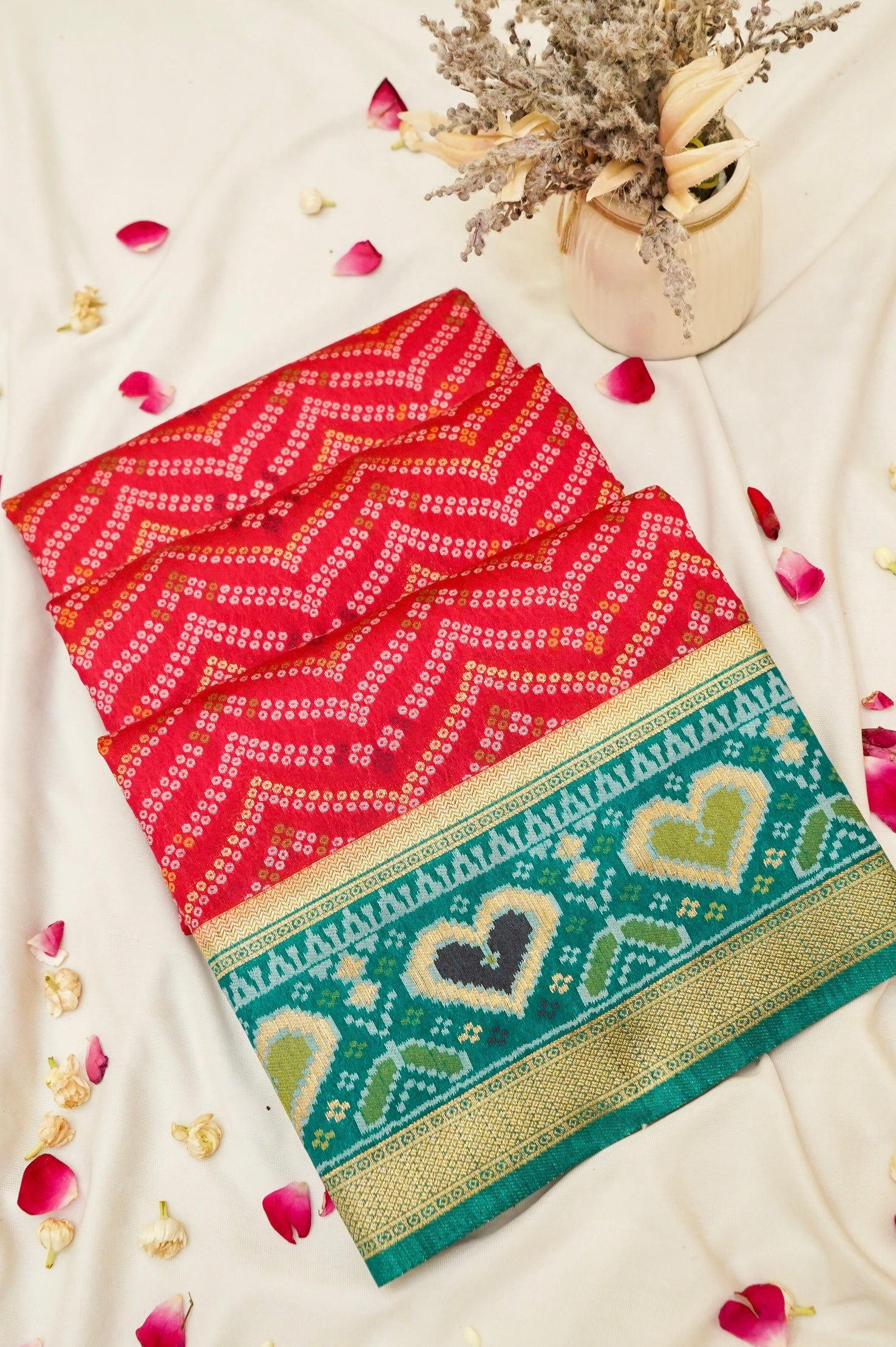 Bright Red Ikkat Patola Silk Saree with Teal Border and Stitched Blouse