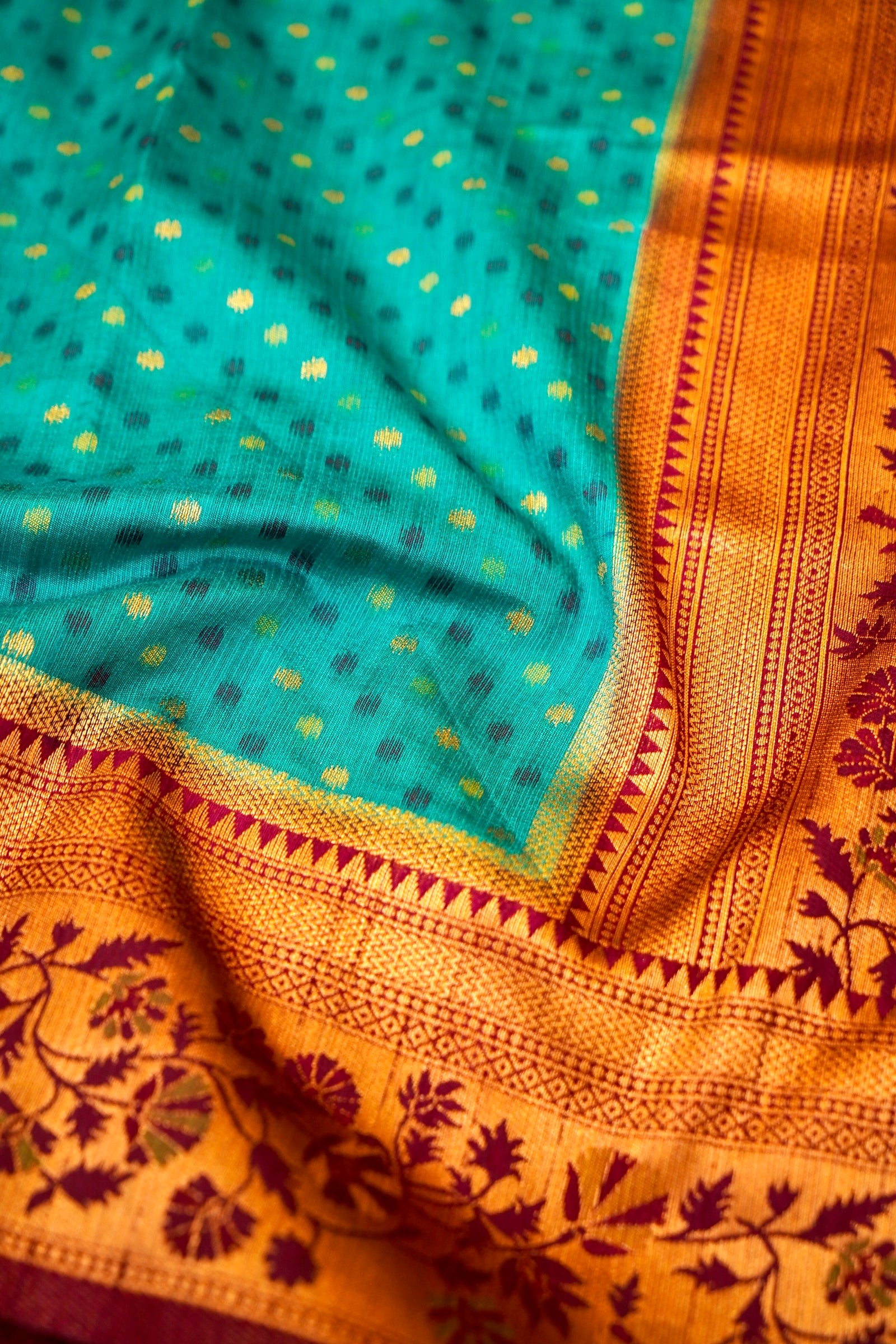 Teal Blue Paithani Style Ikkat Patola Silk Saree with Stitched Blouse