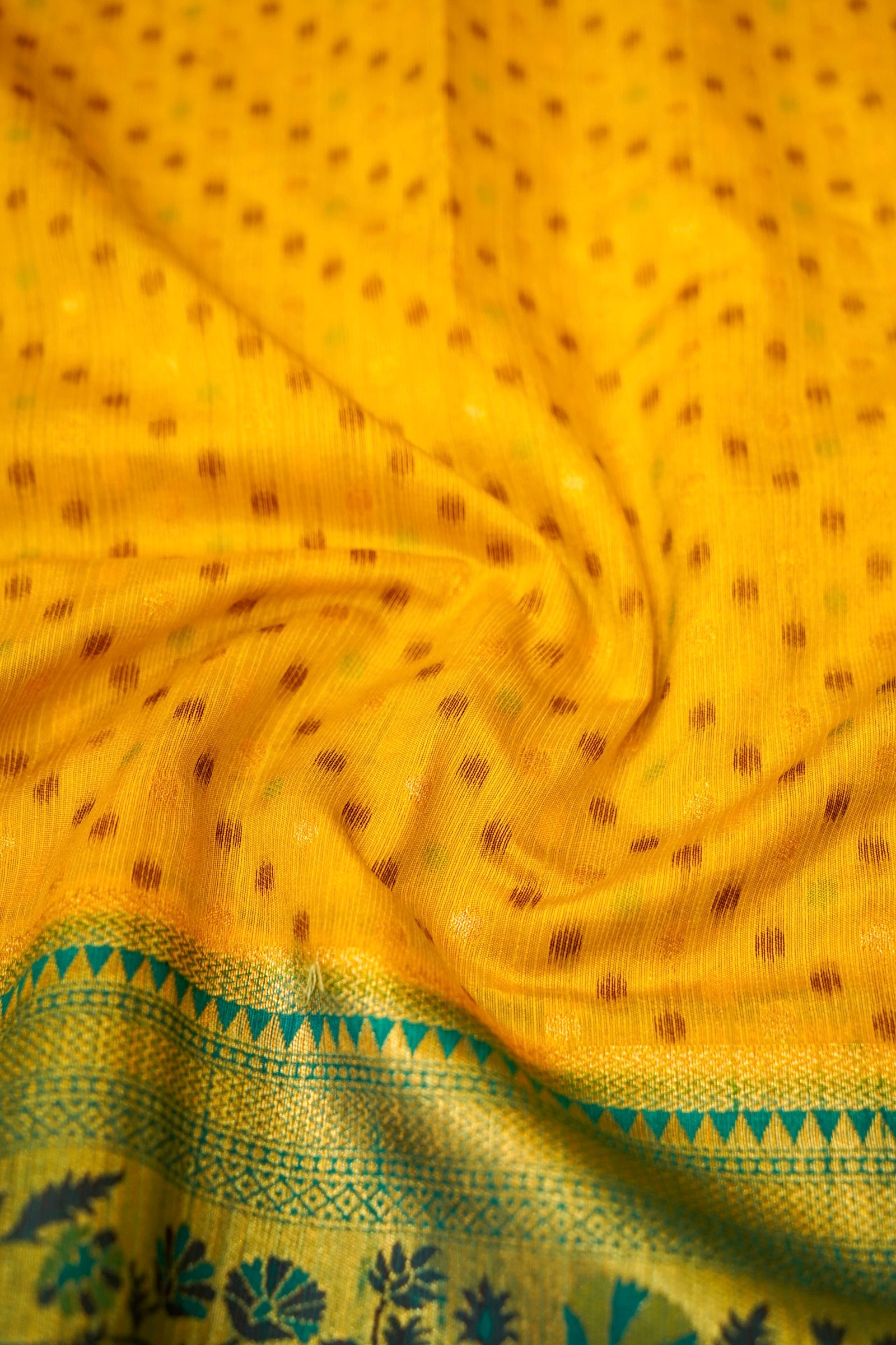 Golden Yellow Paithani Style Ikkat Patola Silk Saree with Stitched Blouse