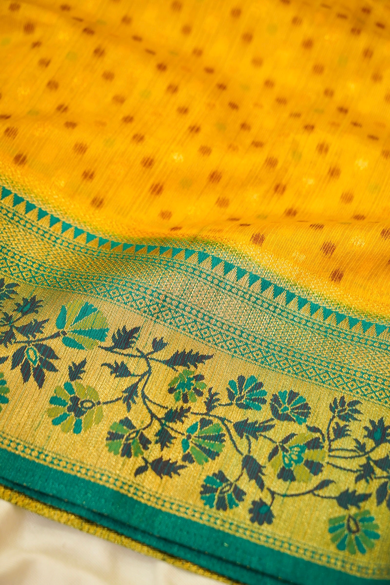 Golden Yellow Paithani Style Ikkat Patola Silk Saree with Stitched Blouse