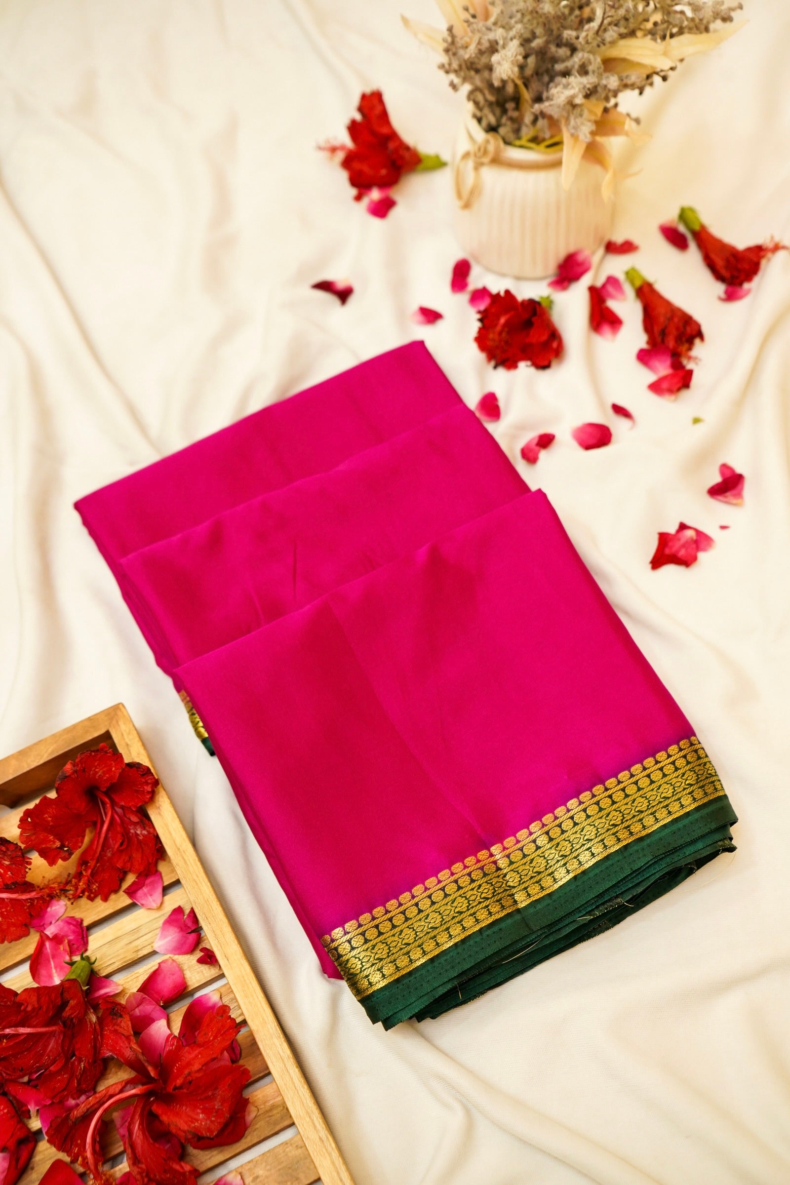 Maithili - Vibrant Pink Mysore Crepe Silk Saree with Green Border
