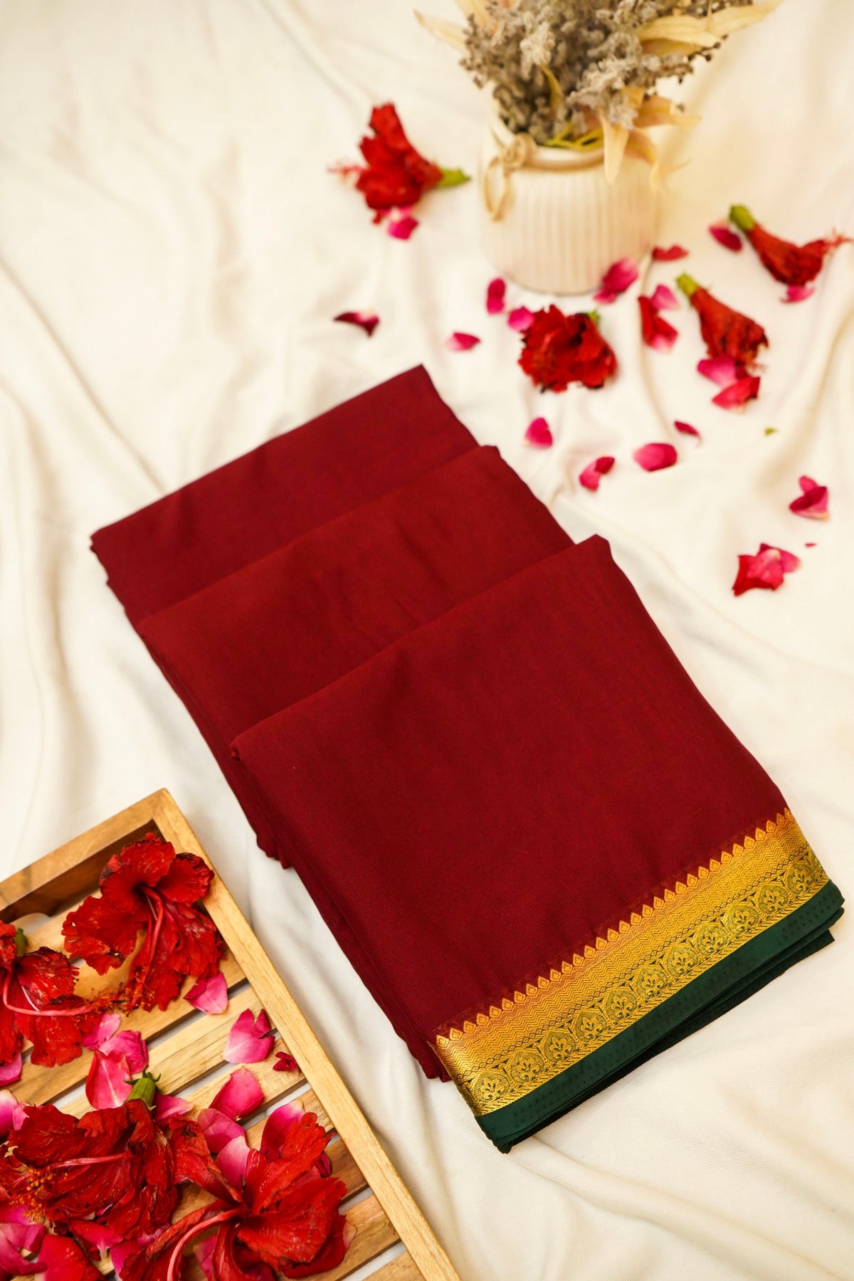 Maithili - Dark Brown Mysore Crepe Silk Saree with Green Border