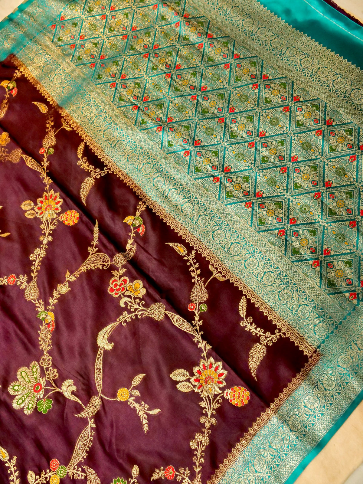 Wine Satin Mashru Silk Saree with Teal Zari Border