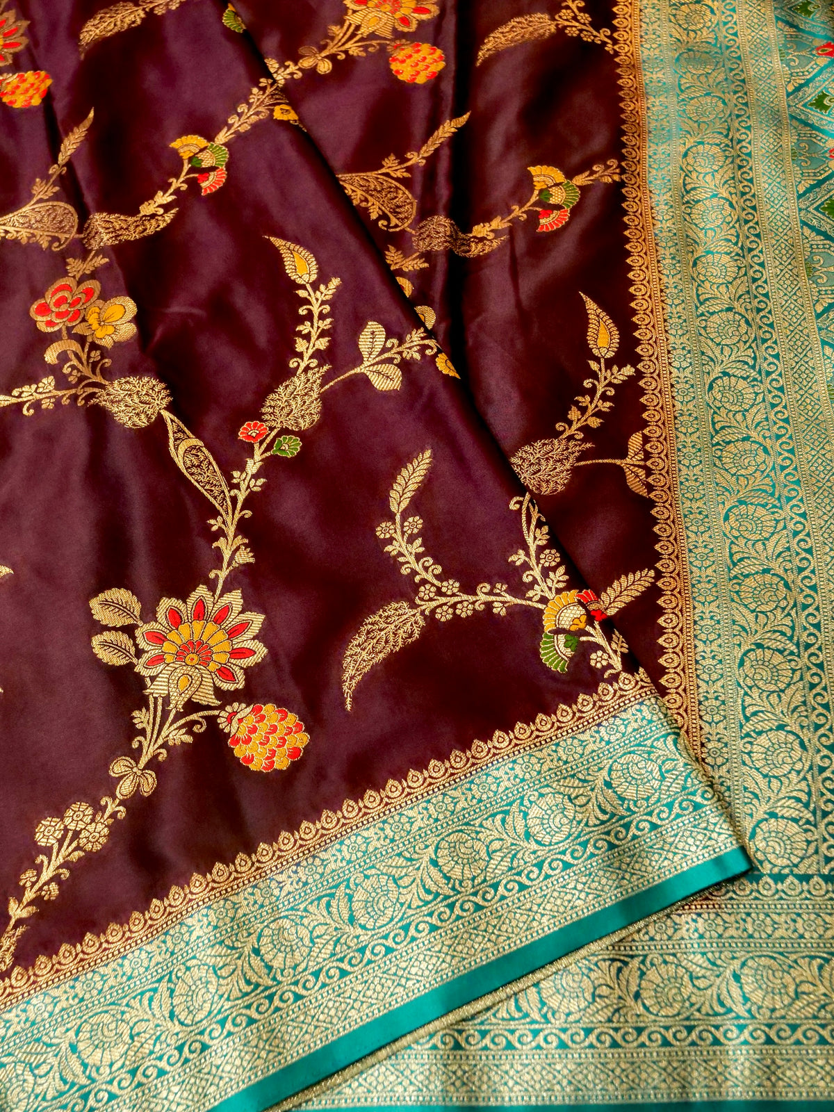Wine Satin Mashru Silk Saree with Teal Zari Border