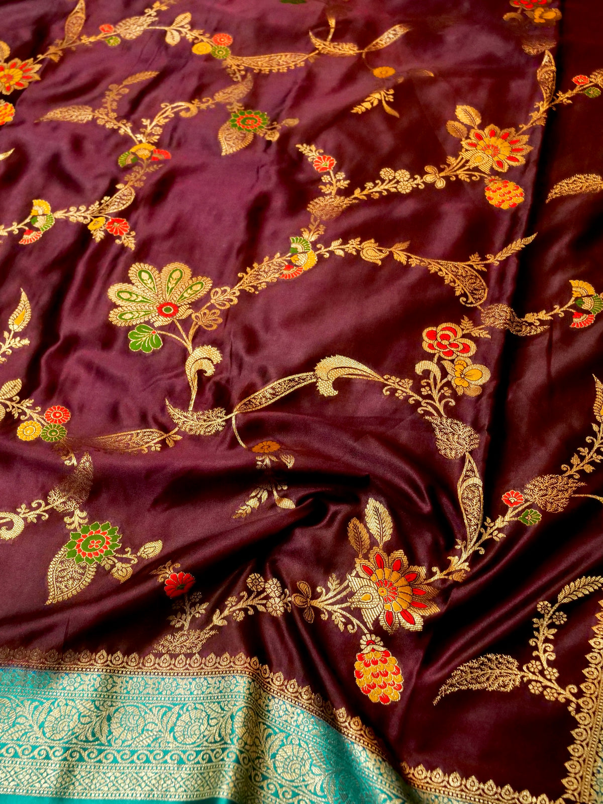 Wine Satin Mashru Silk Saree with Teal Zari Border