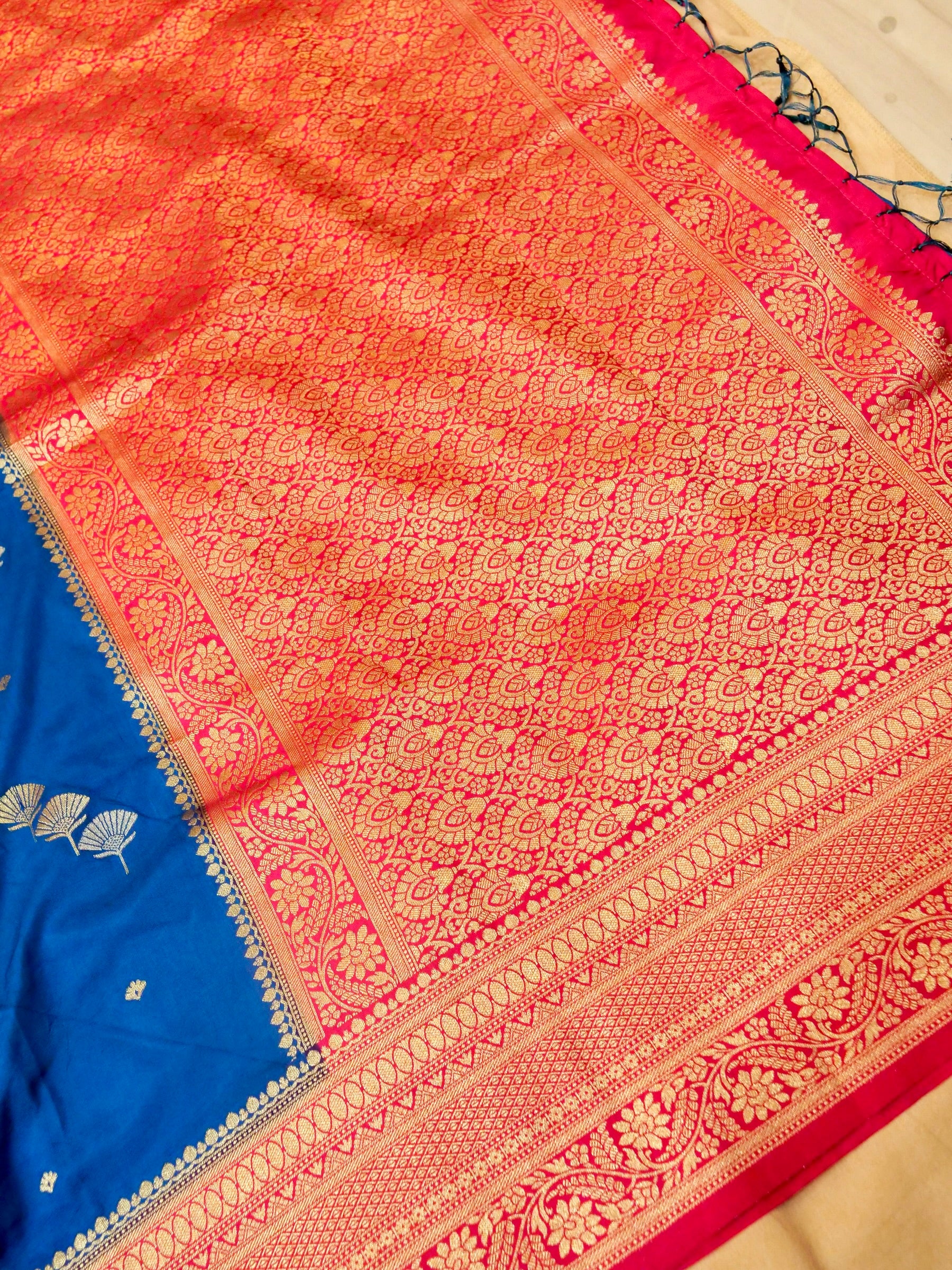Royal Blue Crepe Georgette Silk Saree with Pink Border
