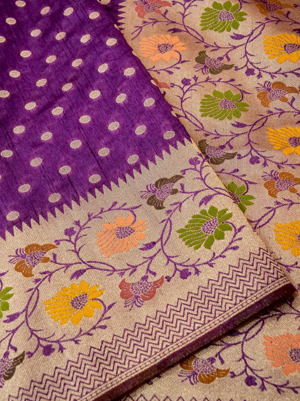Purple Polka Raw Silk Saree with Floral Border